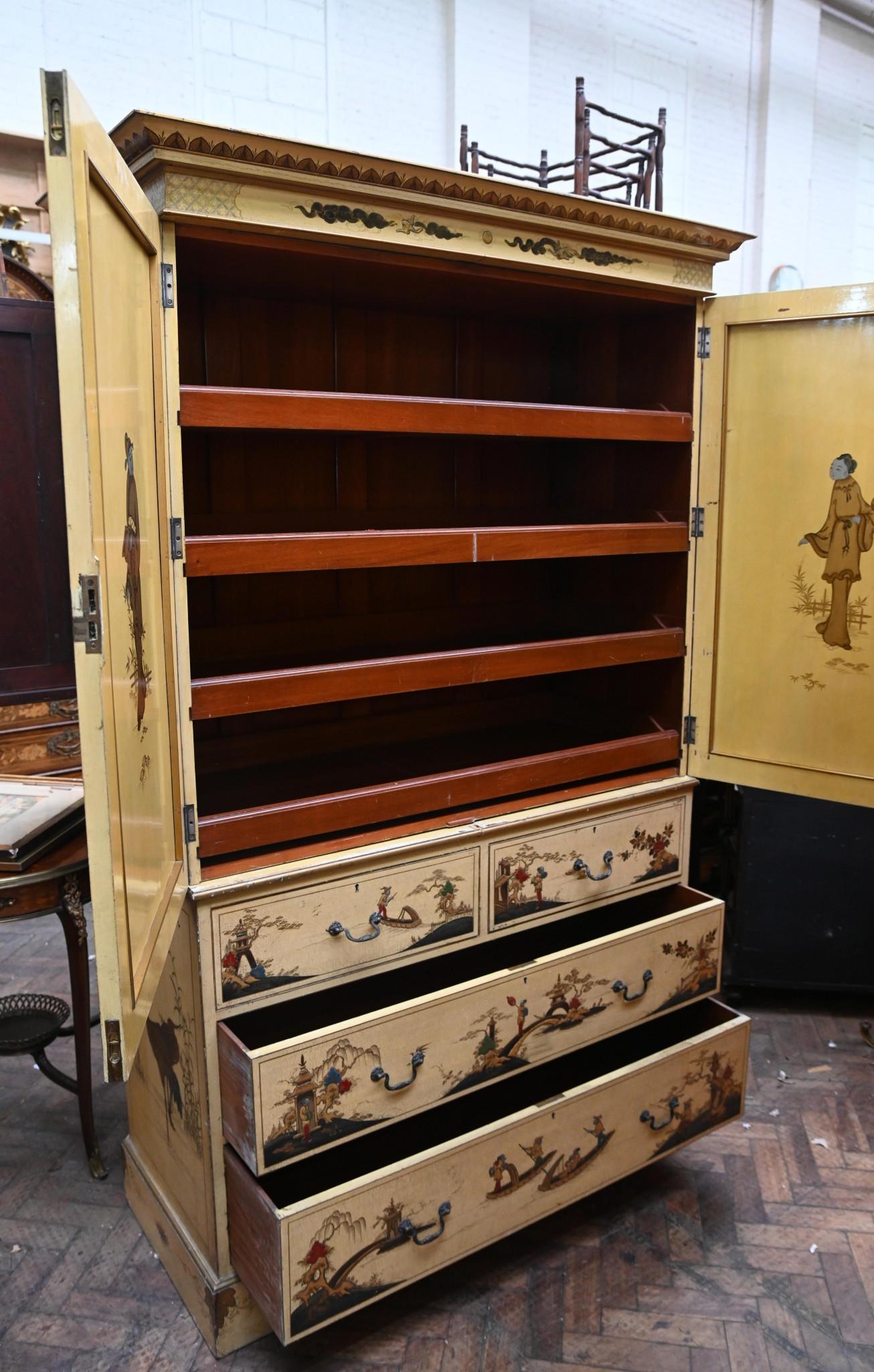 Late 19th Century Lacquered Chinoiserie Cabinet Closet Linen Press 1880 For Sale