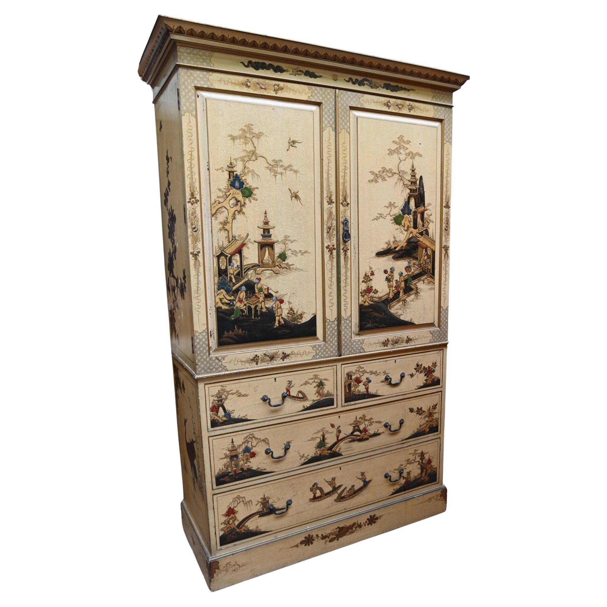 Lacquered Chinoiserie Cabinet Closet Linen Press 1880