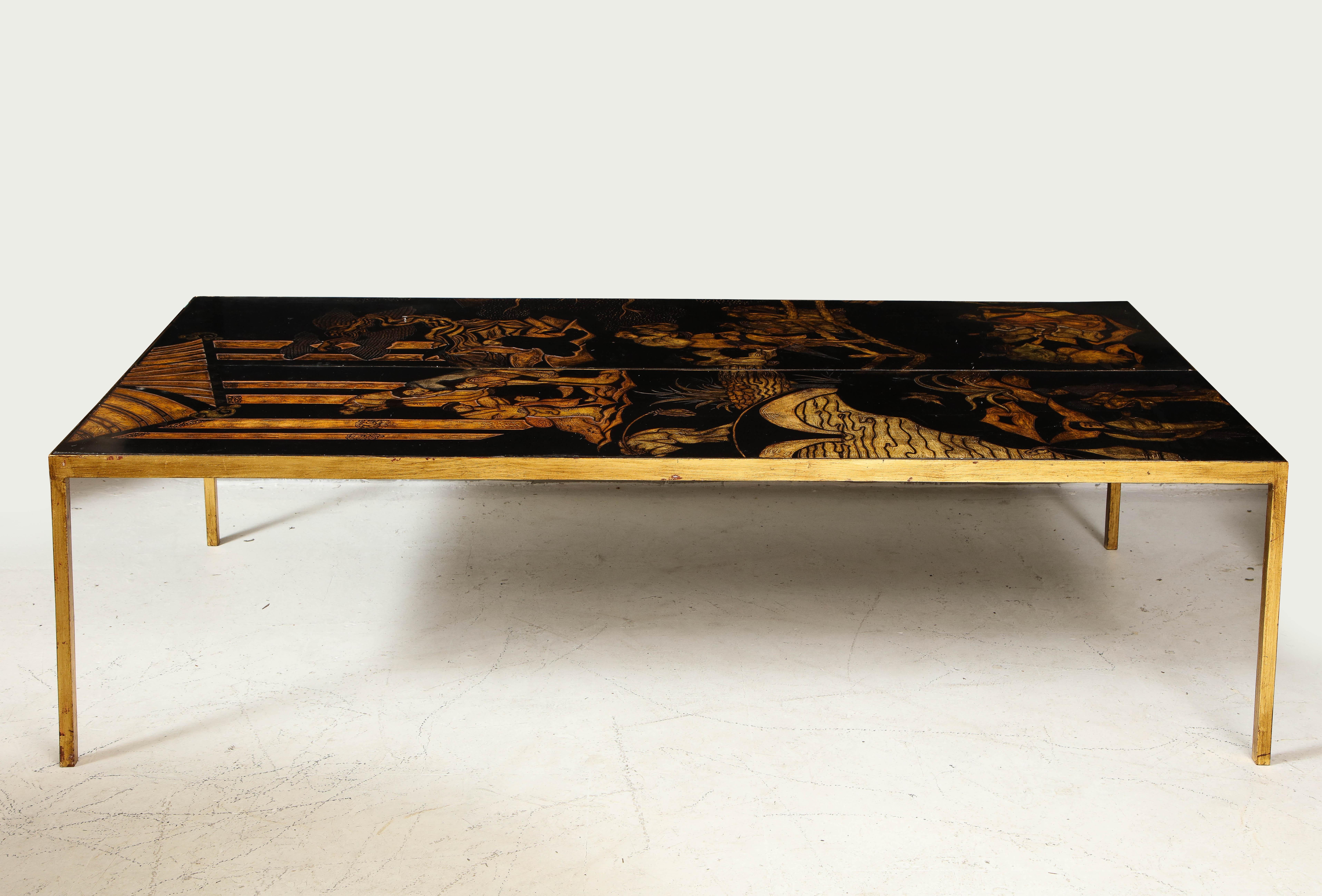 Lacquered Chinoiserie Coffee Table on Gilt-Iron Base 3