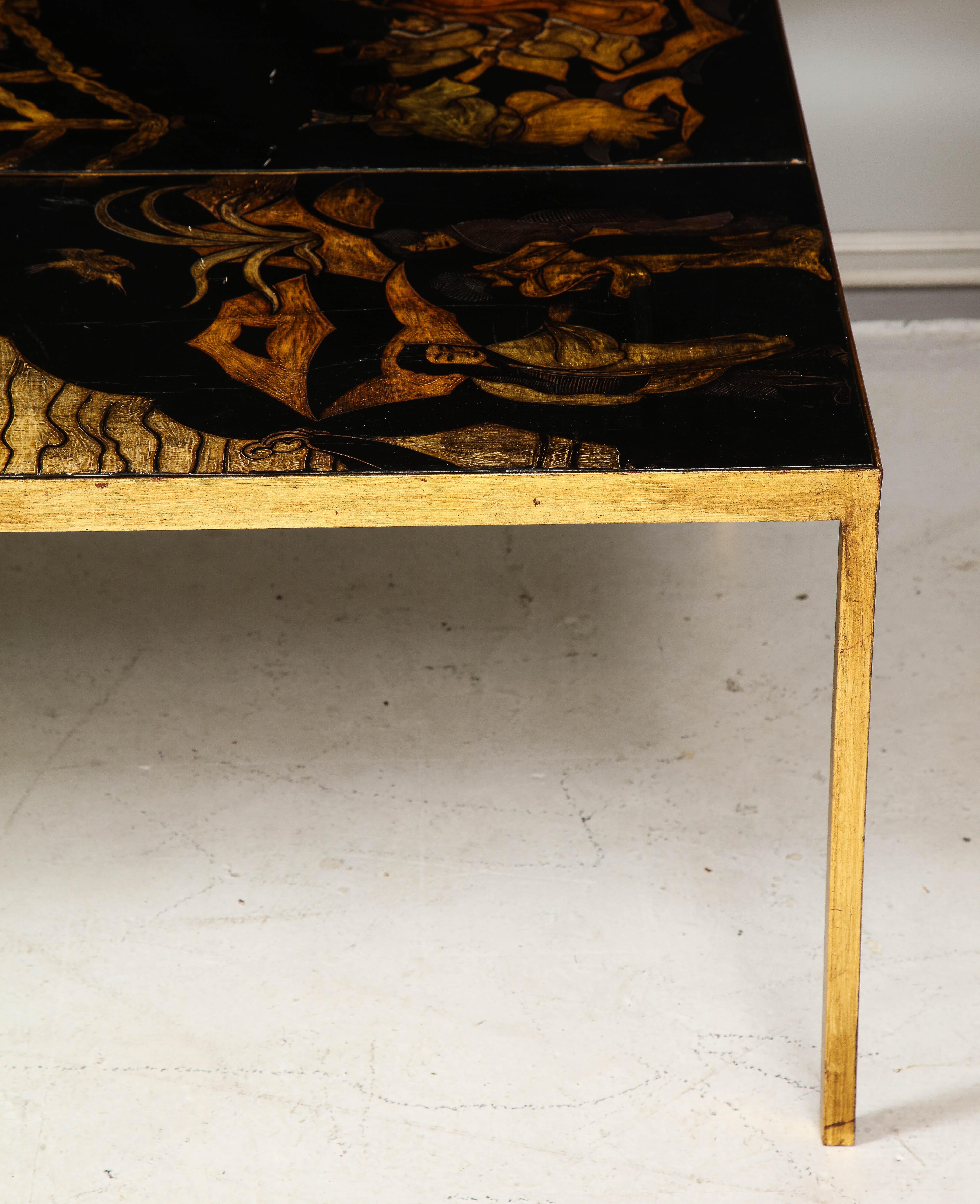 French Lacquered Chinoiserie Coffee Table on Gilt-Iron Base