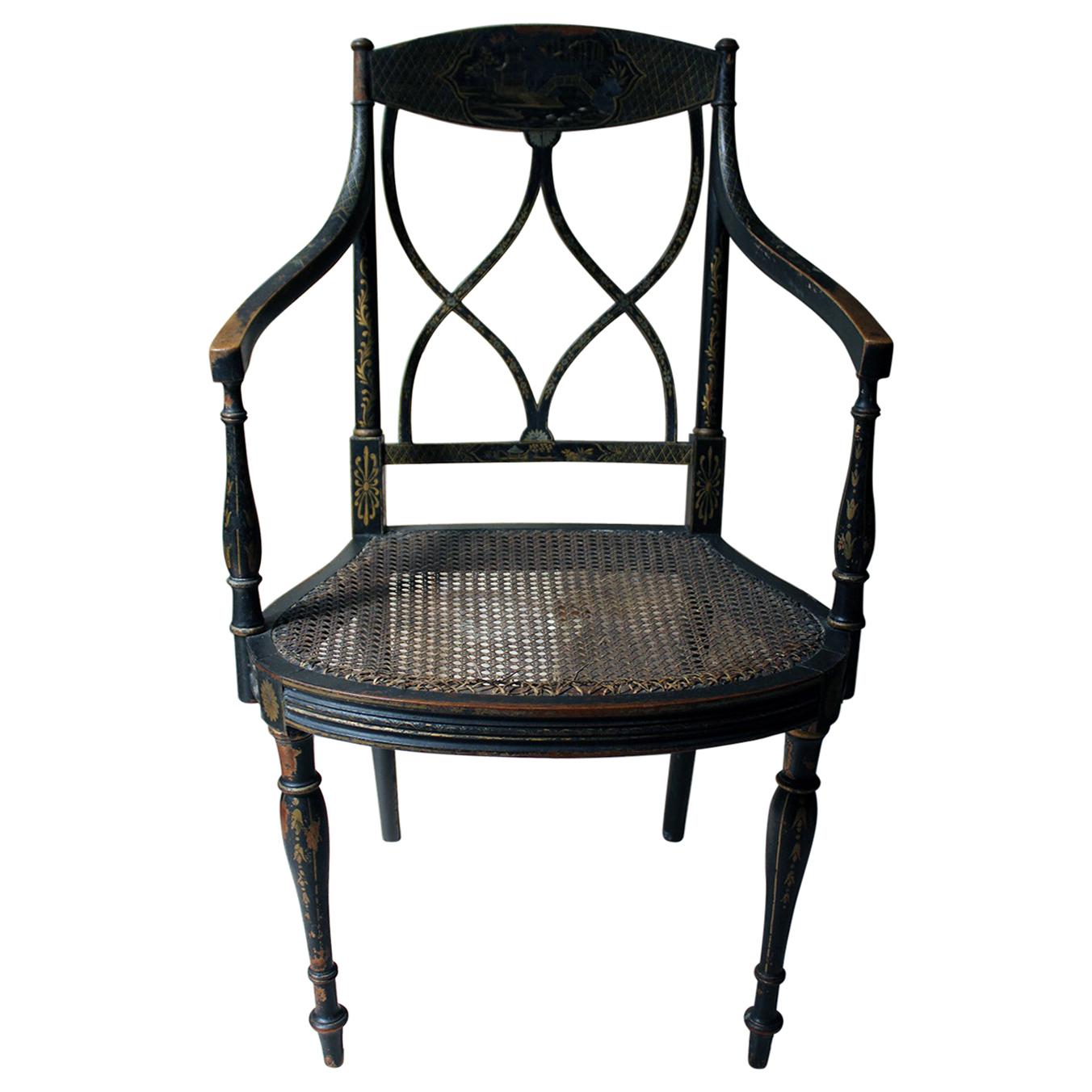 Lacquered and Chinoiserie Decorated Elbow Chair by Druce and Co Ltd, circa 1910