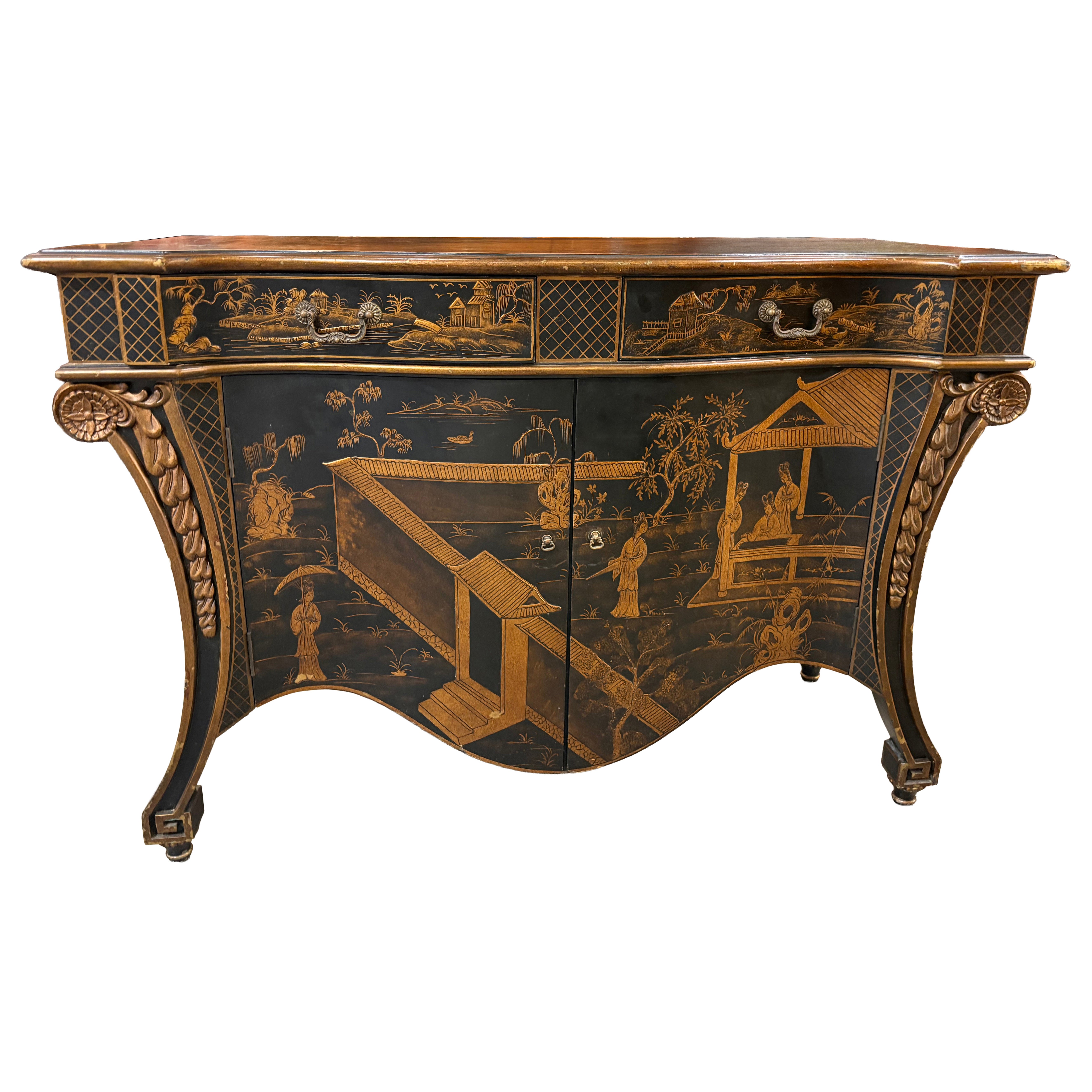 Credenza / comò in stile chinoiserie laccato, ispirato a Baker, fine del XX secolo