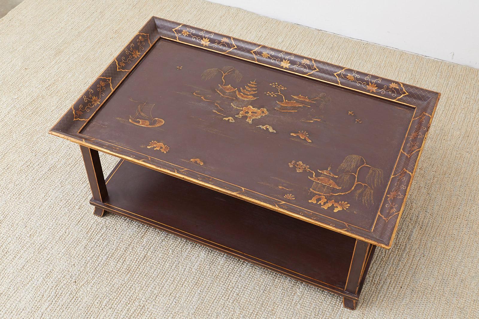 American Lacquered Chinoiserie Style Two-Tier Cocktail Table