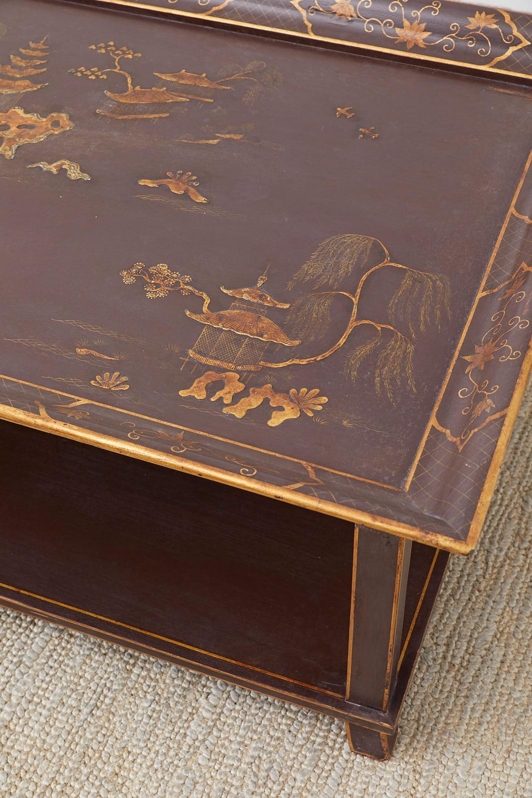 Wood Lacquered Chinoiserie Style Two-Tier Cocktail Table