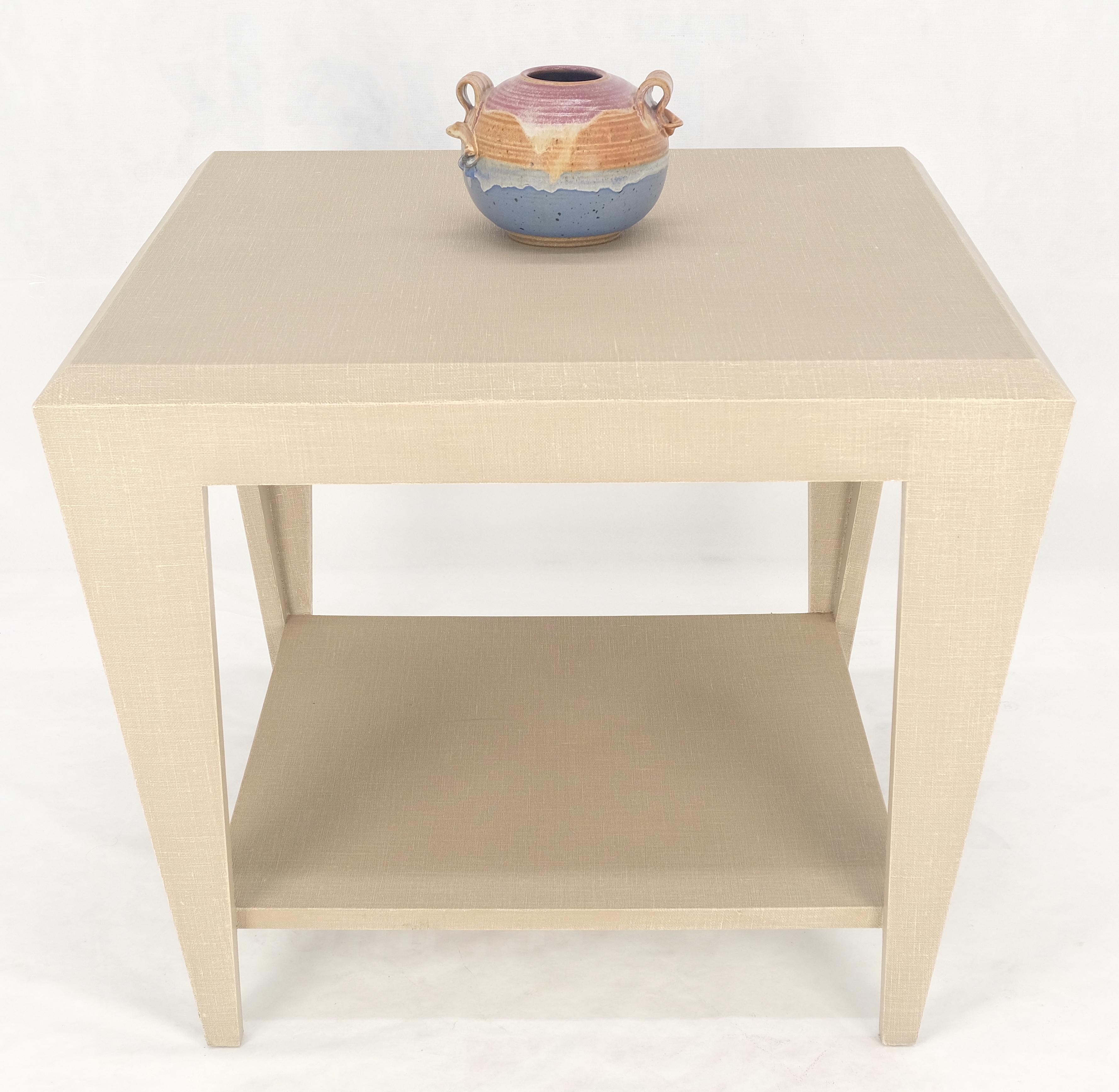 Lacquered Cloth Rectangle Tapered Legs Two Tier Bottom Shelf Beige End Table In Good Condition For Sale In Rockaway, NJ