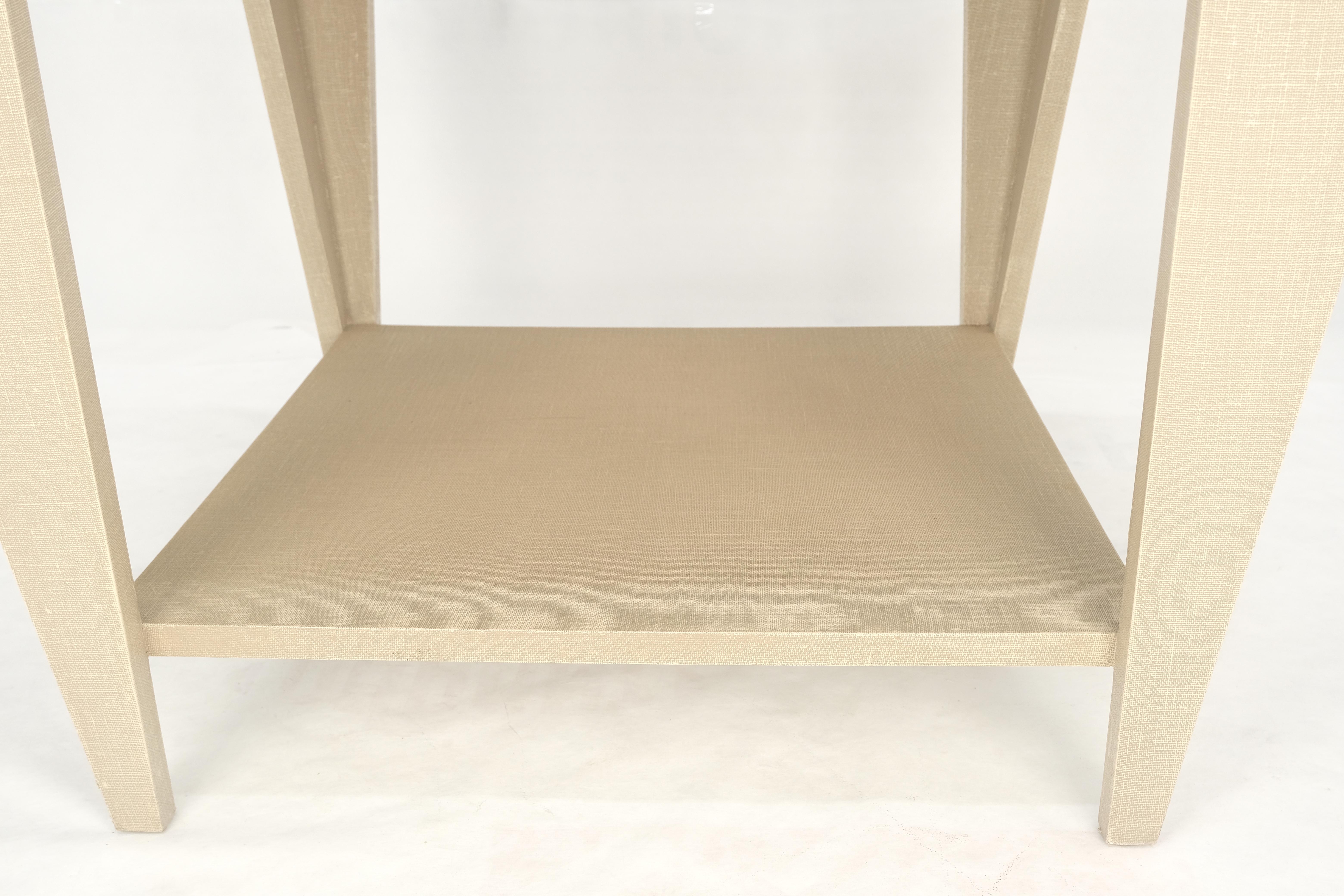 20th Century Lacquered Cloth Rectangle Tapered Legs Two Tier Bottom Shelf Beige End Table For Sale