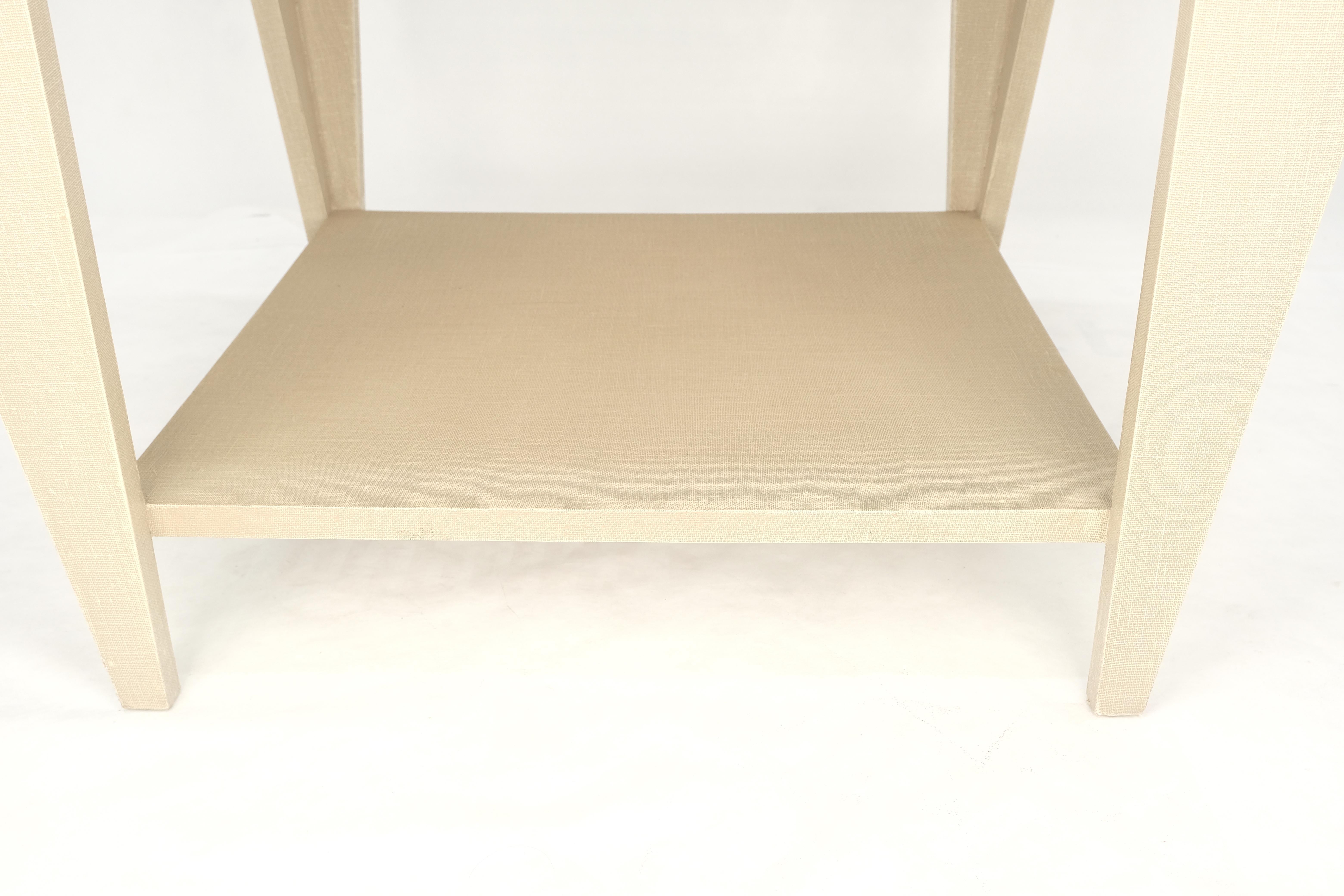 Canvas Lacquered Cloth Rectangle Tapered Legs Two Tier Bottom Shelf Beige End Table For Sale