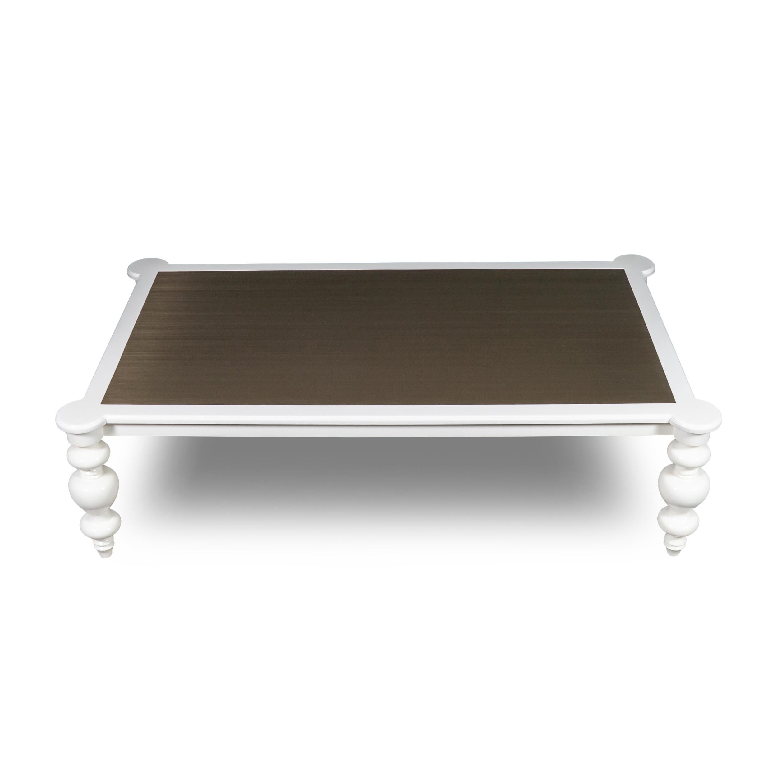 American Lacquered Cocktail Table with Metal Inlay and Arabesque Turned Legs For Sale