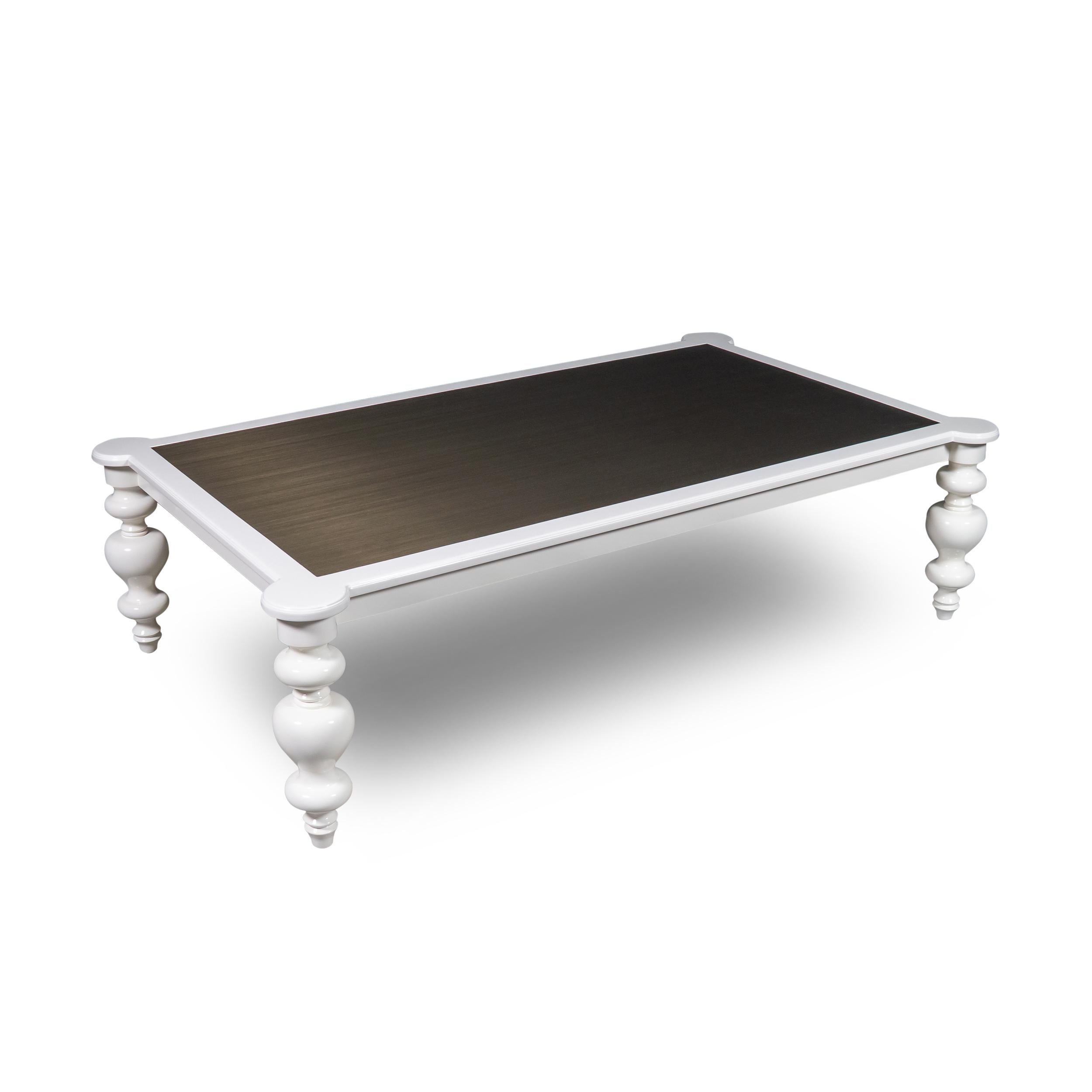 Lacquered Cocktail Table with Metal Inlay and Arabesque Turned Legs In New Condition For Sale In Greenwich, CT