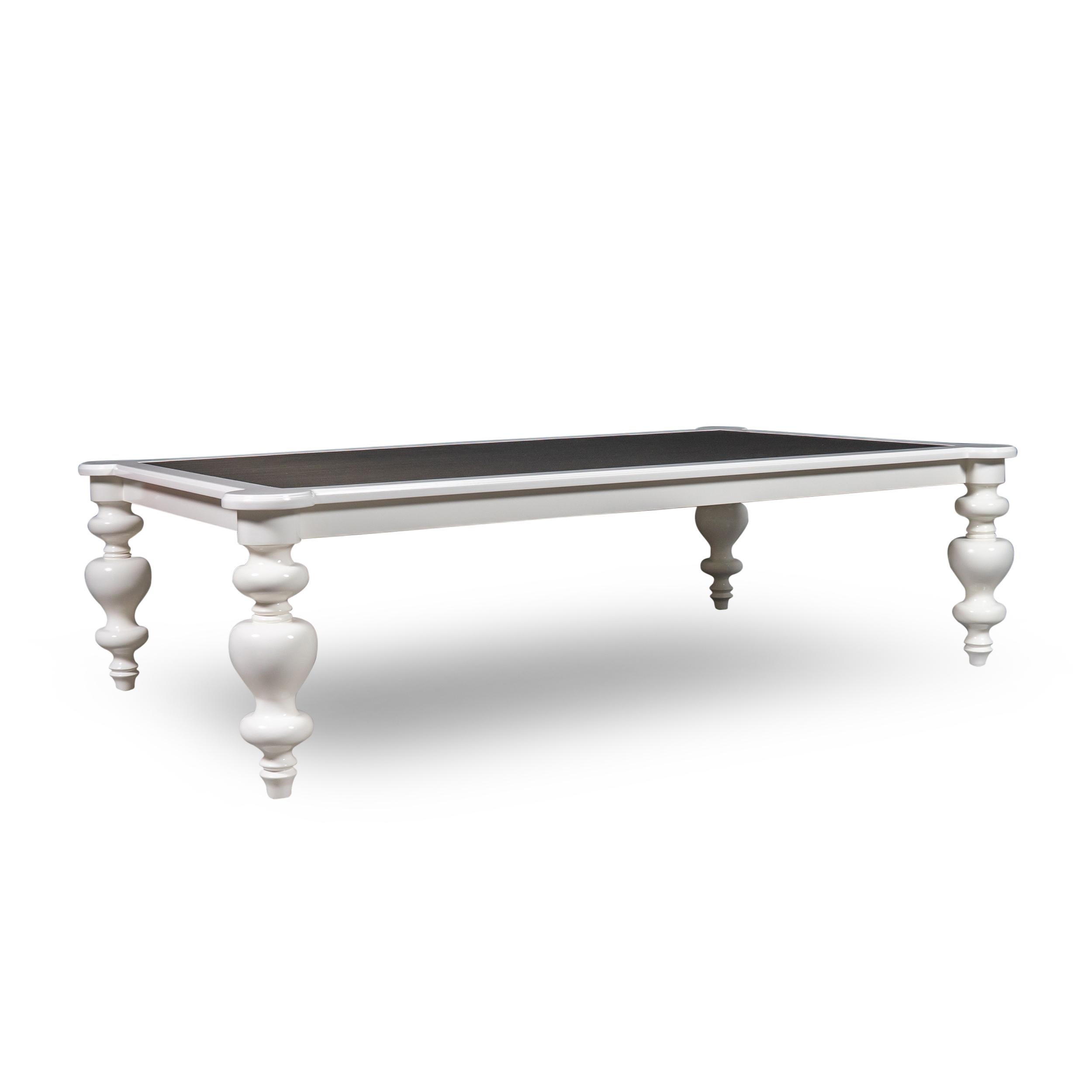 Contemporary Lacquered Cocktail Table with Metal Inlay and Arabesque Turned Legs For Sale