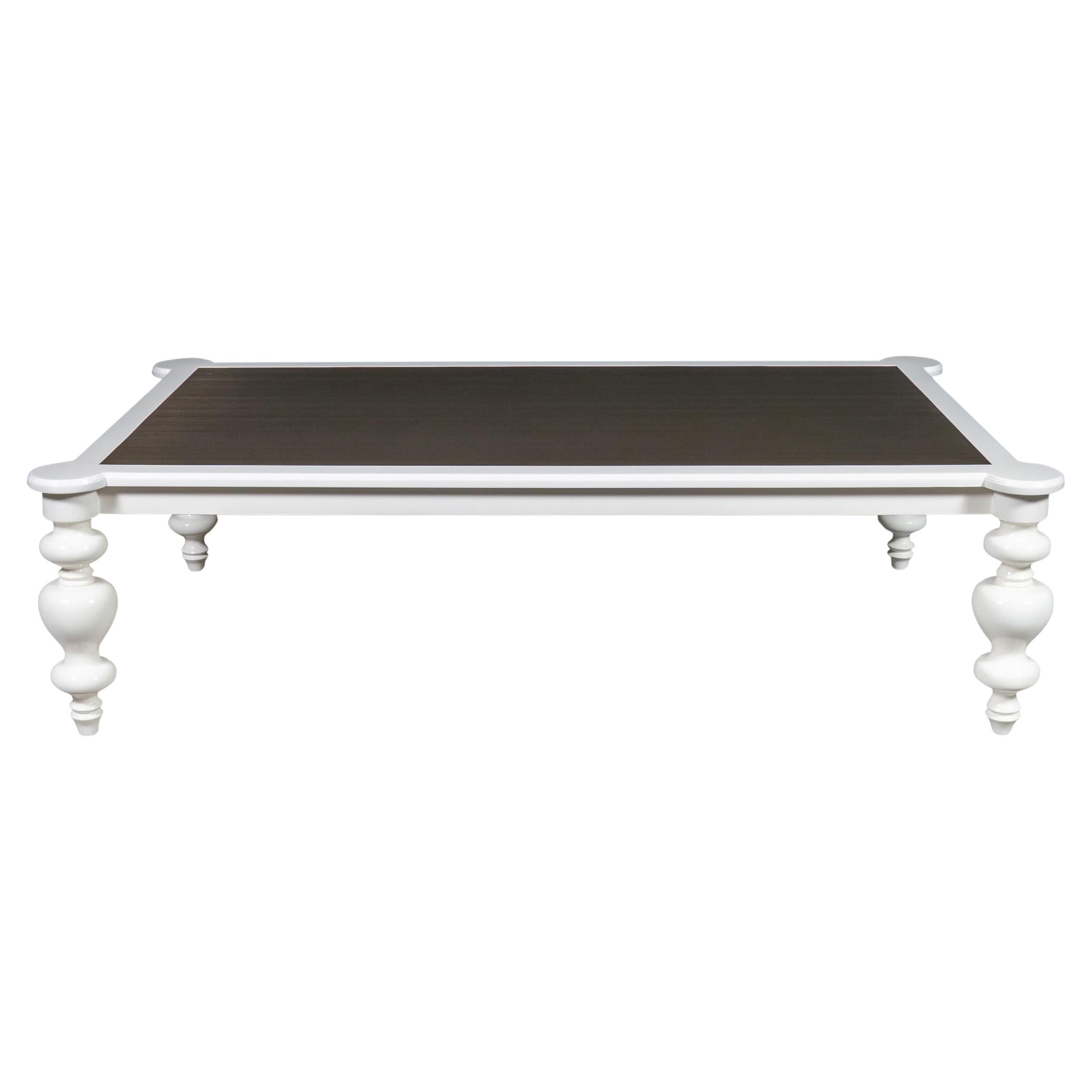 Lacquered Cocktail Table with Metal Inlay and Arabesque Turned Legs For Sale