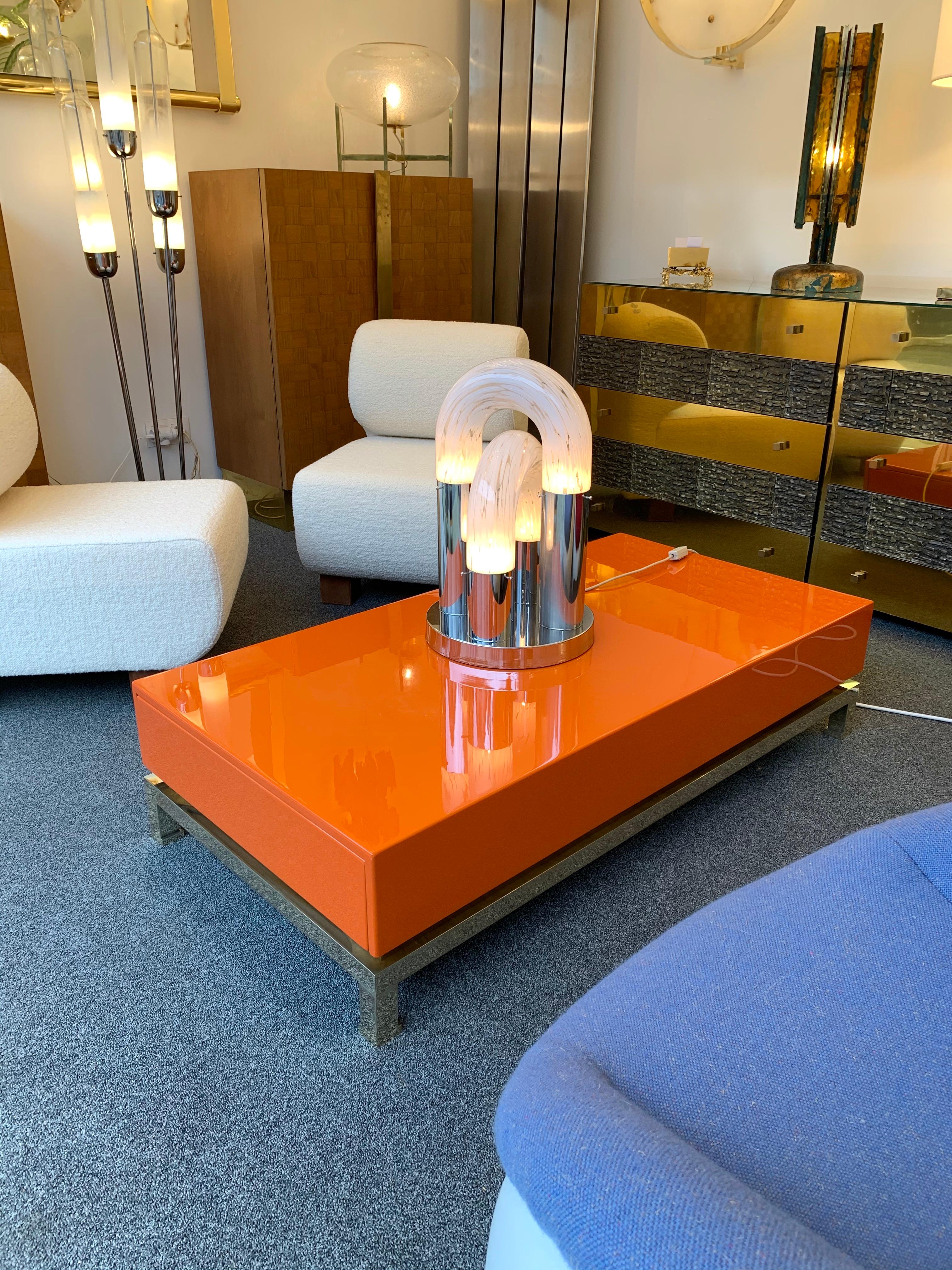 Orange lacquered coffee low or cocktail table with wood interior, 2 drawers, brass feet by Guy Lefevre. Famous manufacture like Maison Jansen, Mahey, Willy Rizzo, Mario Sabot.