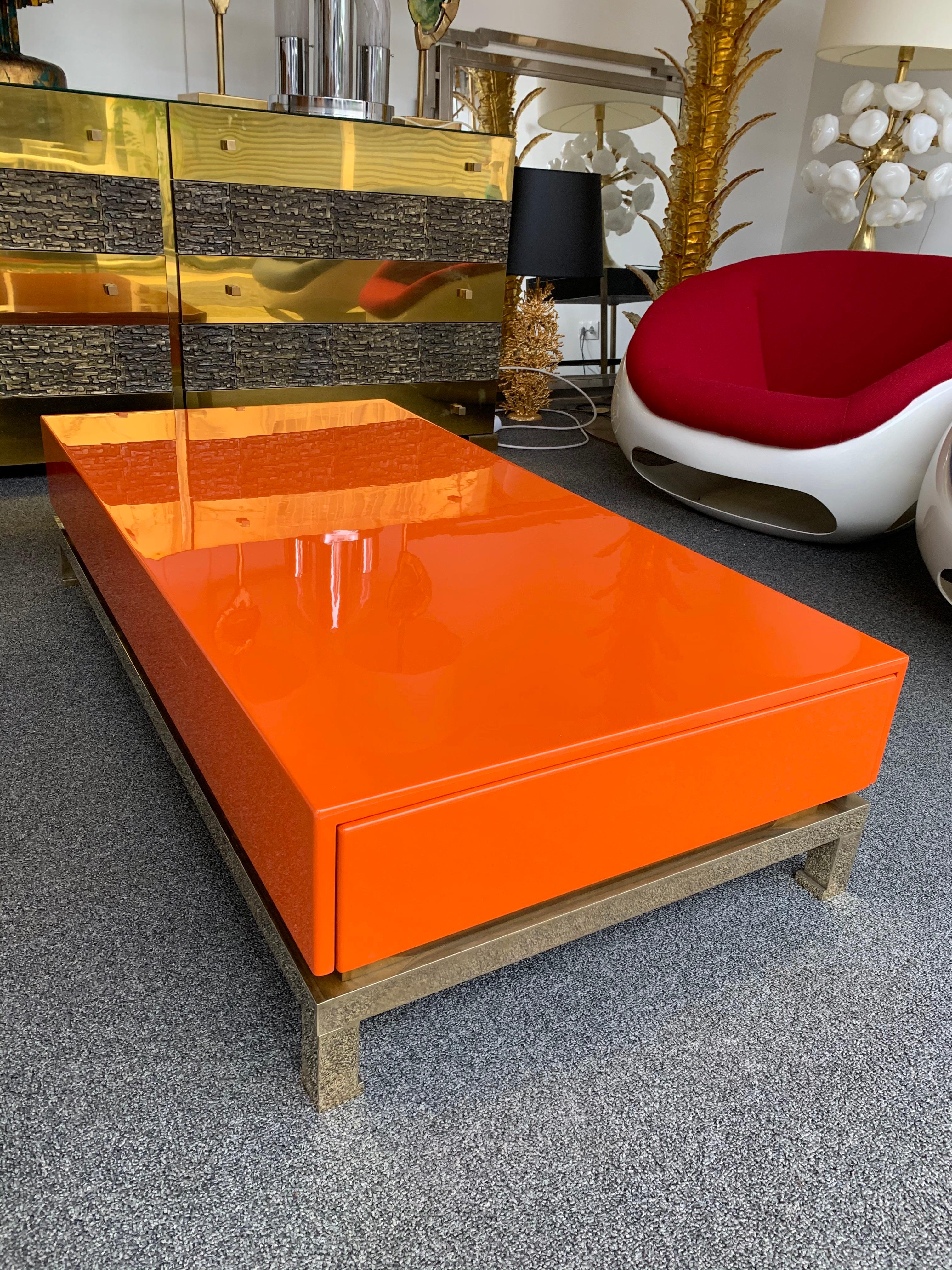 Italian Lacquered Coffee Table and Brass by Guy Lefevre, France, 1970s