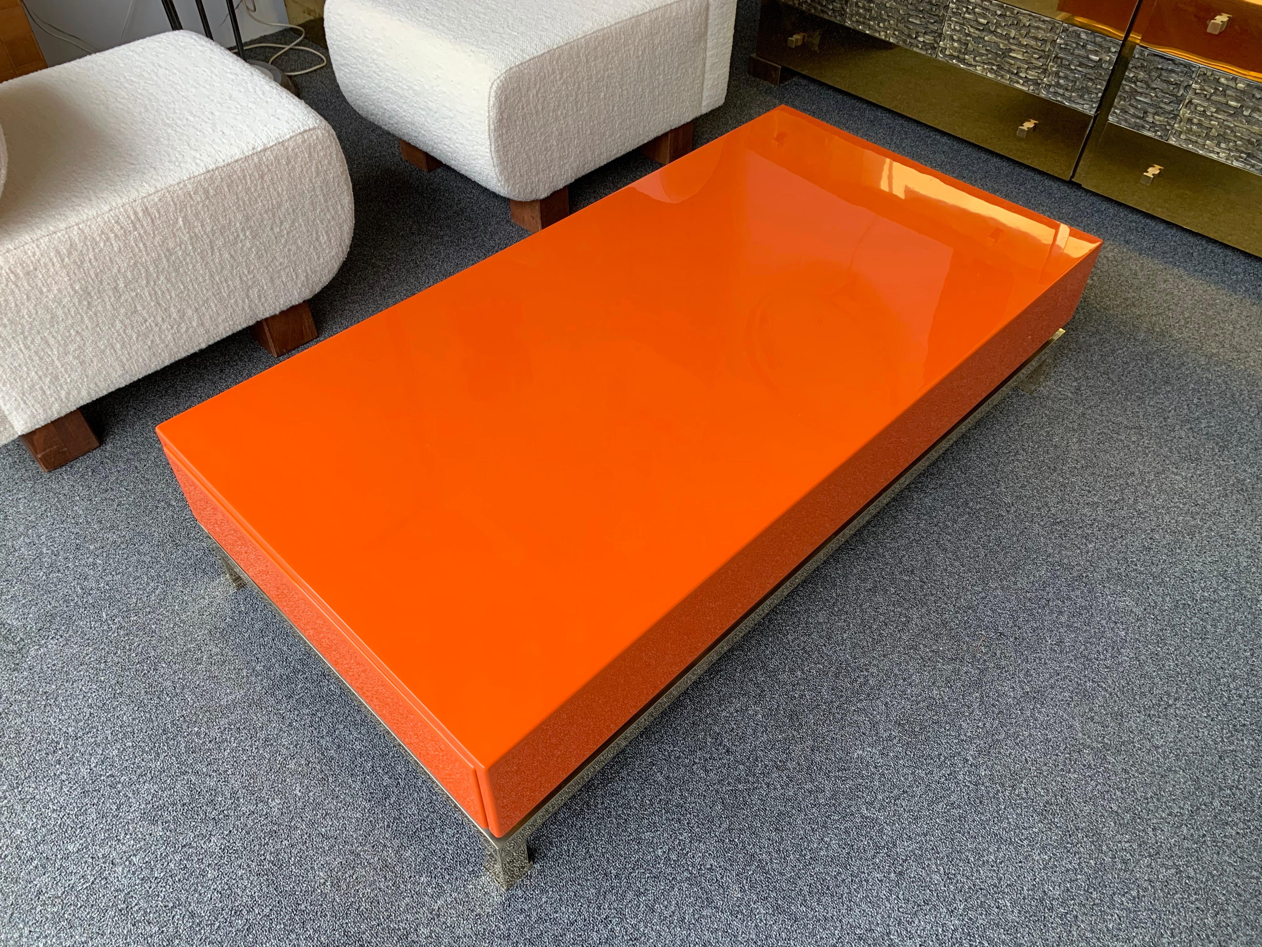 Lacquered Coffee Table and Brass by Guy Lefevre, France, 1970s In Good Condition In SAINT-OUEN, FR