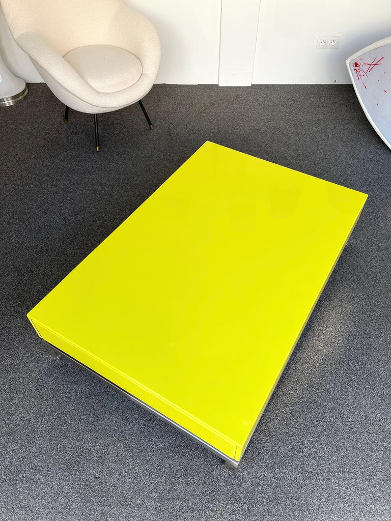 Lacquered Coffee Table and Nickeled Brass by Guy Lefevre, France, 1970s