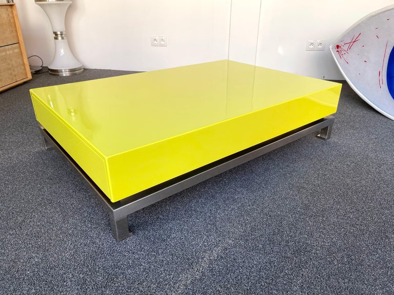 Lacquered Coffee Table and Nickeled Brass by Guy Lefevre, France, 1970s