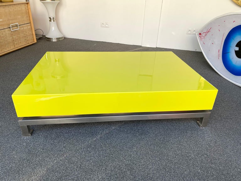 Lacquered Coffee Table and Nickeled Brass by Guy Lefevre, France, 1970s