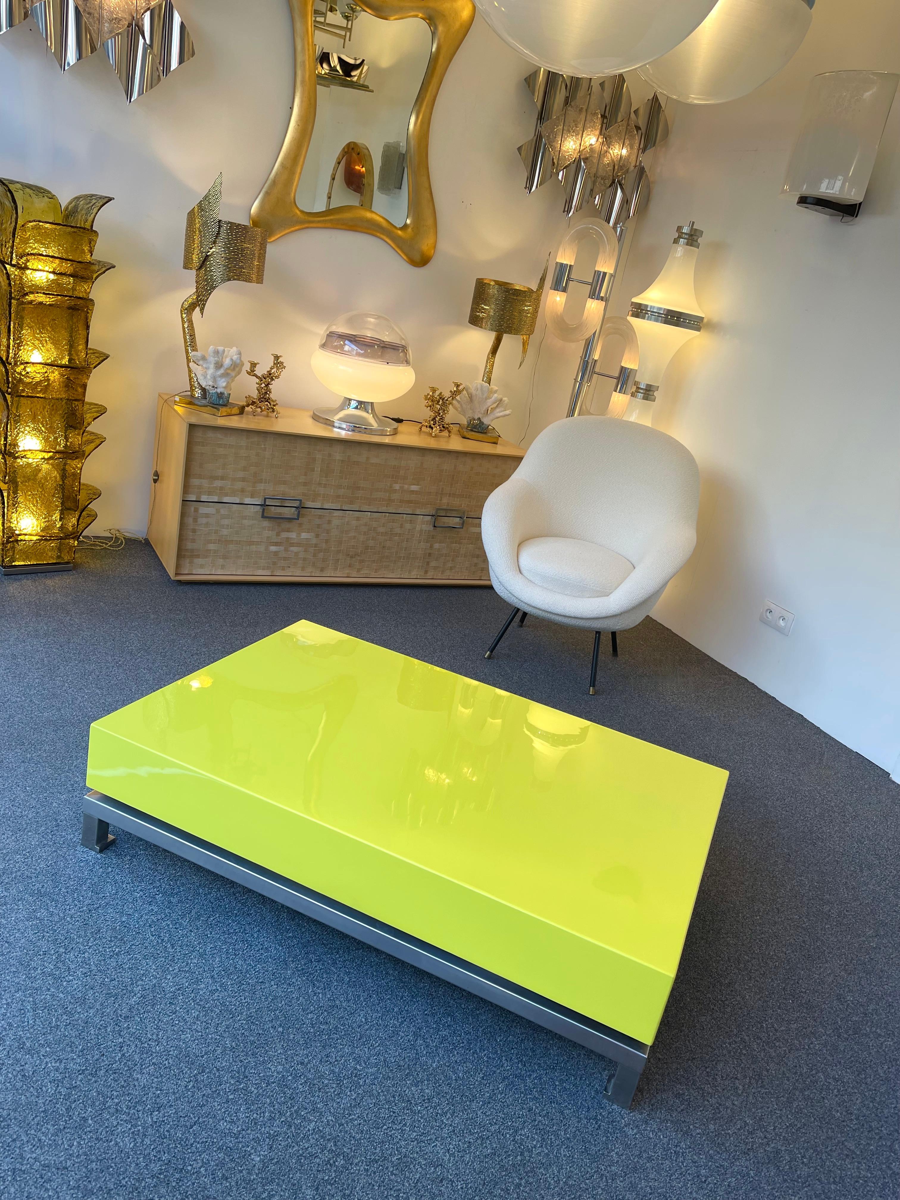 Lacquered Coffee Table and Nickeled Brass by Guy Lefevre, France, 1970s For Sale 1