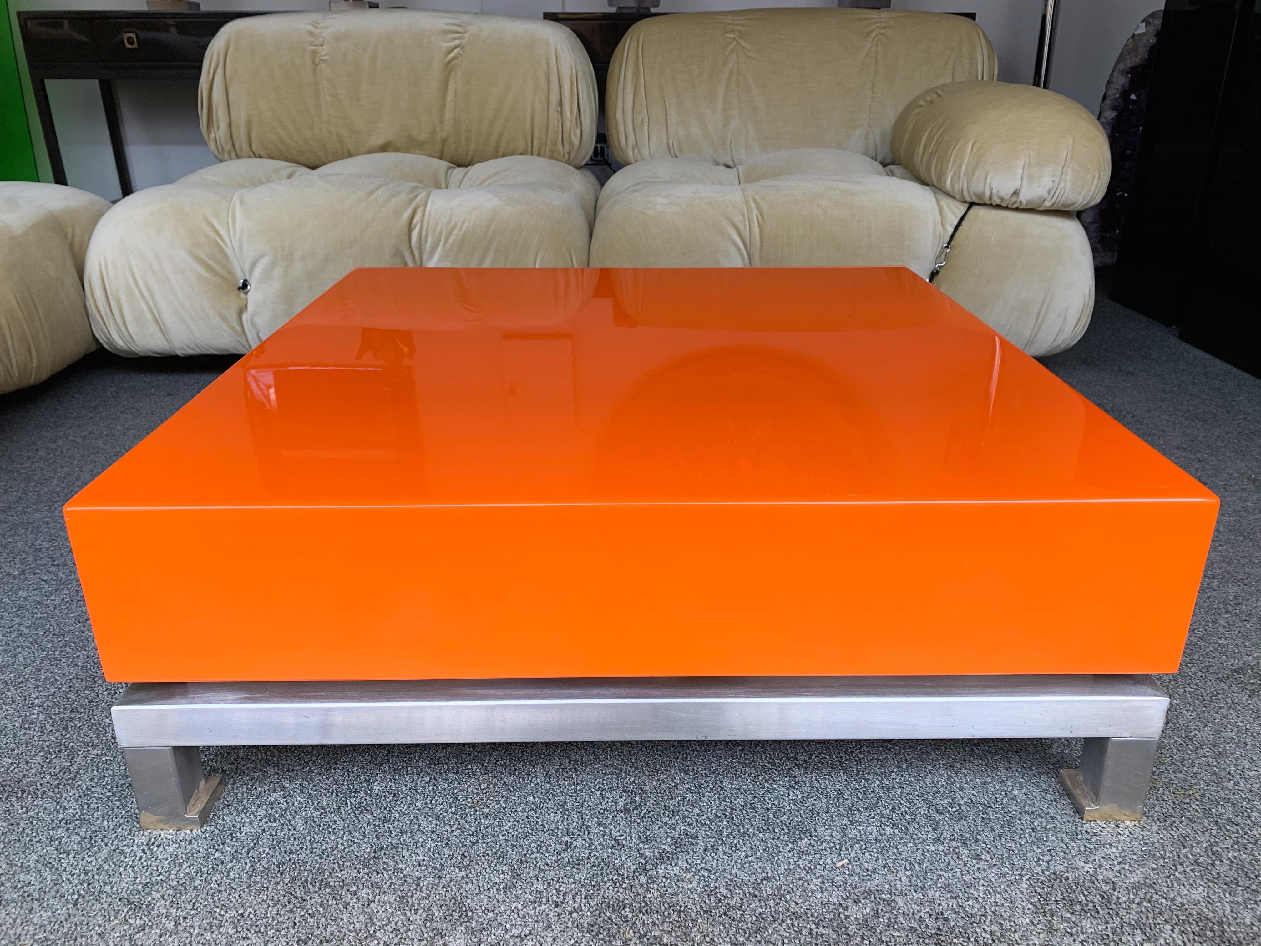 Square orange lacquered coffee low or cocktail table with wood interior, nickeled brass feet by Guy Lefevre. Famous manufacture like Maison Jansen, Mahey, Willy Rizzo, Mario Sabot.