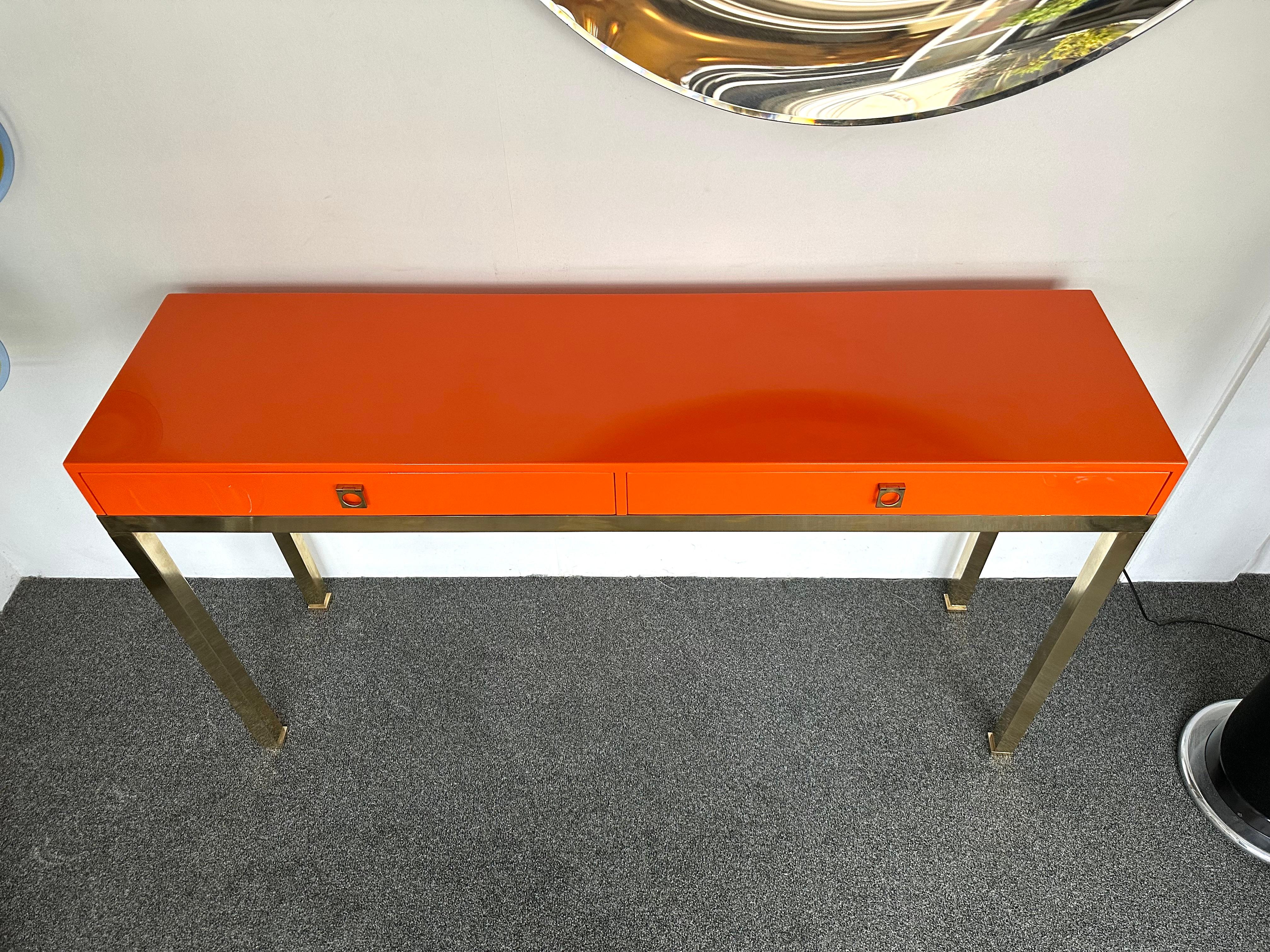 Mid-Century Modern Lacquered Console Table and Brass by Guy Lefevre, France, 1970s