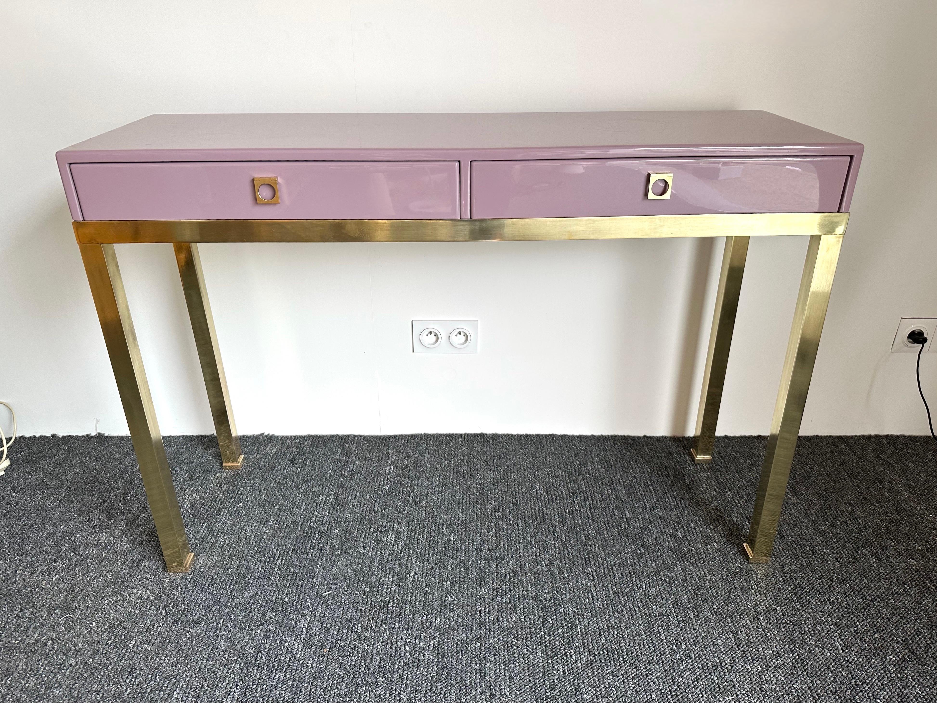 Mid-Century Modern Lacquered Console Table and Brass by Guy Lefevre, France, 1970s For Sale