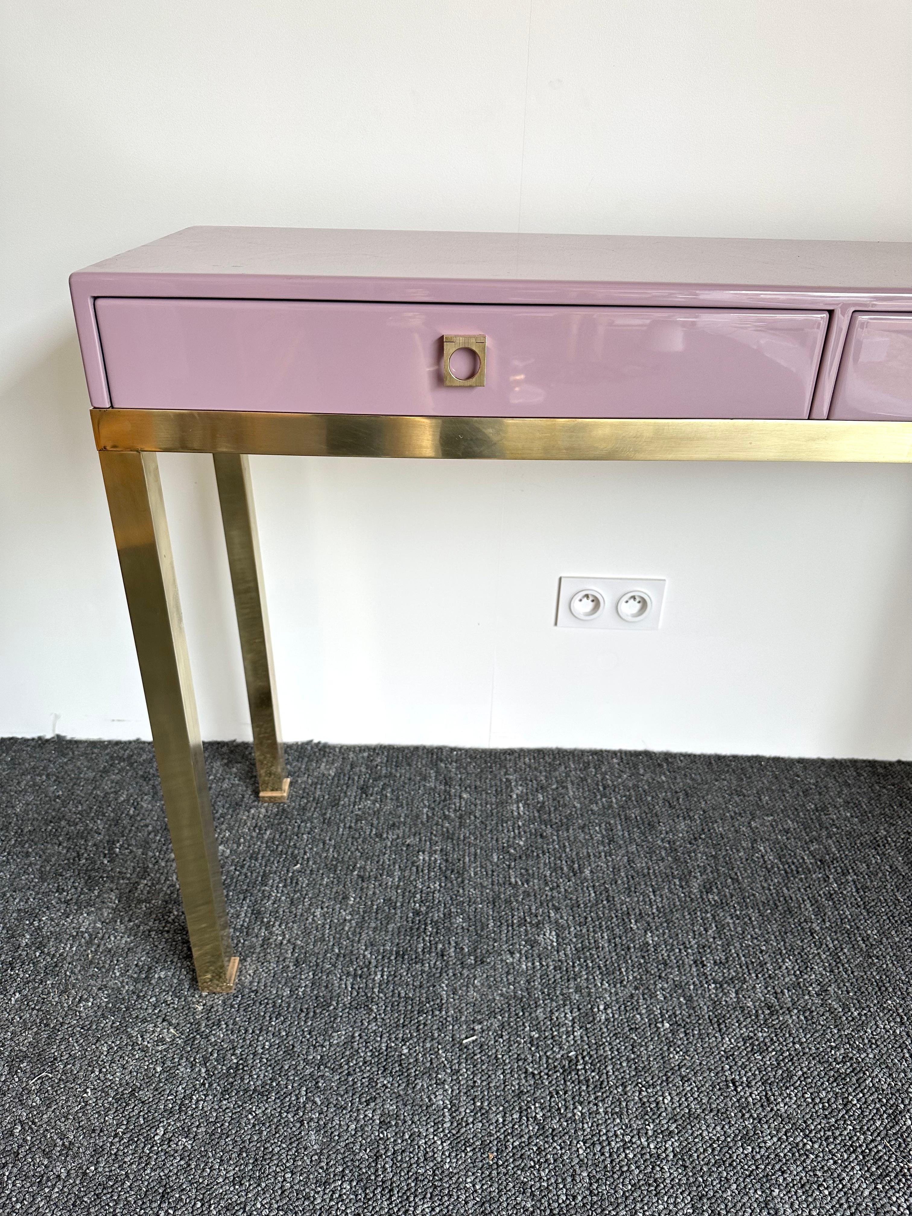 French Lacquered Console Table and Brass by Guy Lefevre, France, 1970s For Sale