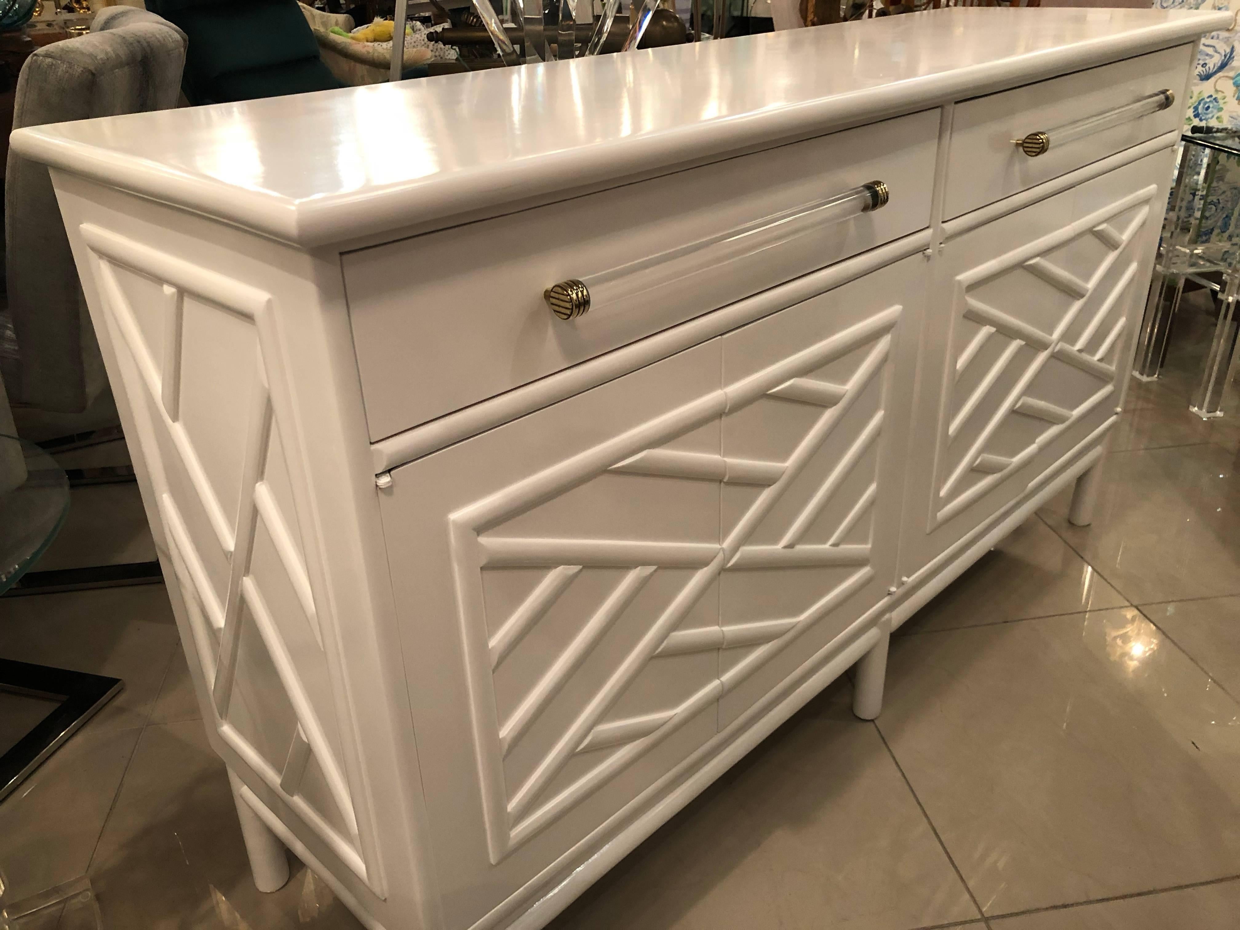 Lacquered Credenza Buffet Sideboard Rattan Faux Bamboo Lucite and Brass 3