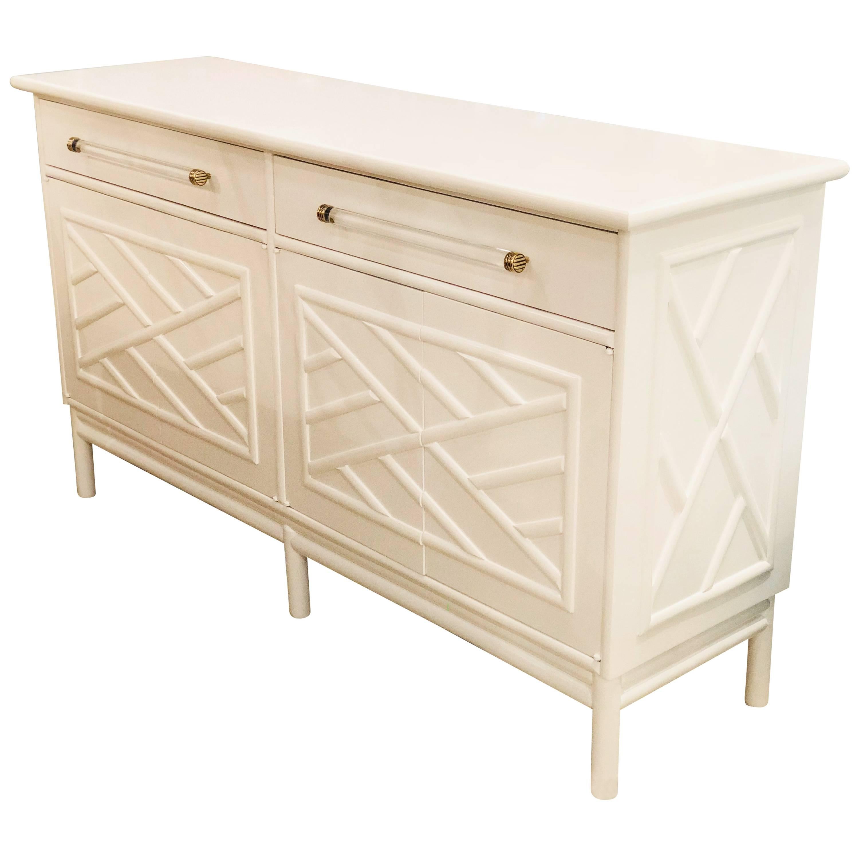 Lacquered Credenza Buffet Sideboard Rattan Faux Bamboo Lucite and Brass 