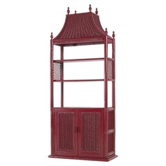 Lacquered Crimson Rattan Pagoda Etagere – Mid-Century Chinoiserie Style