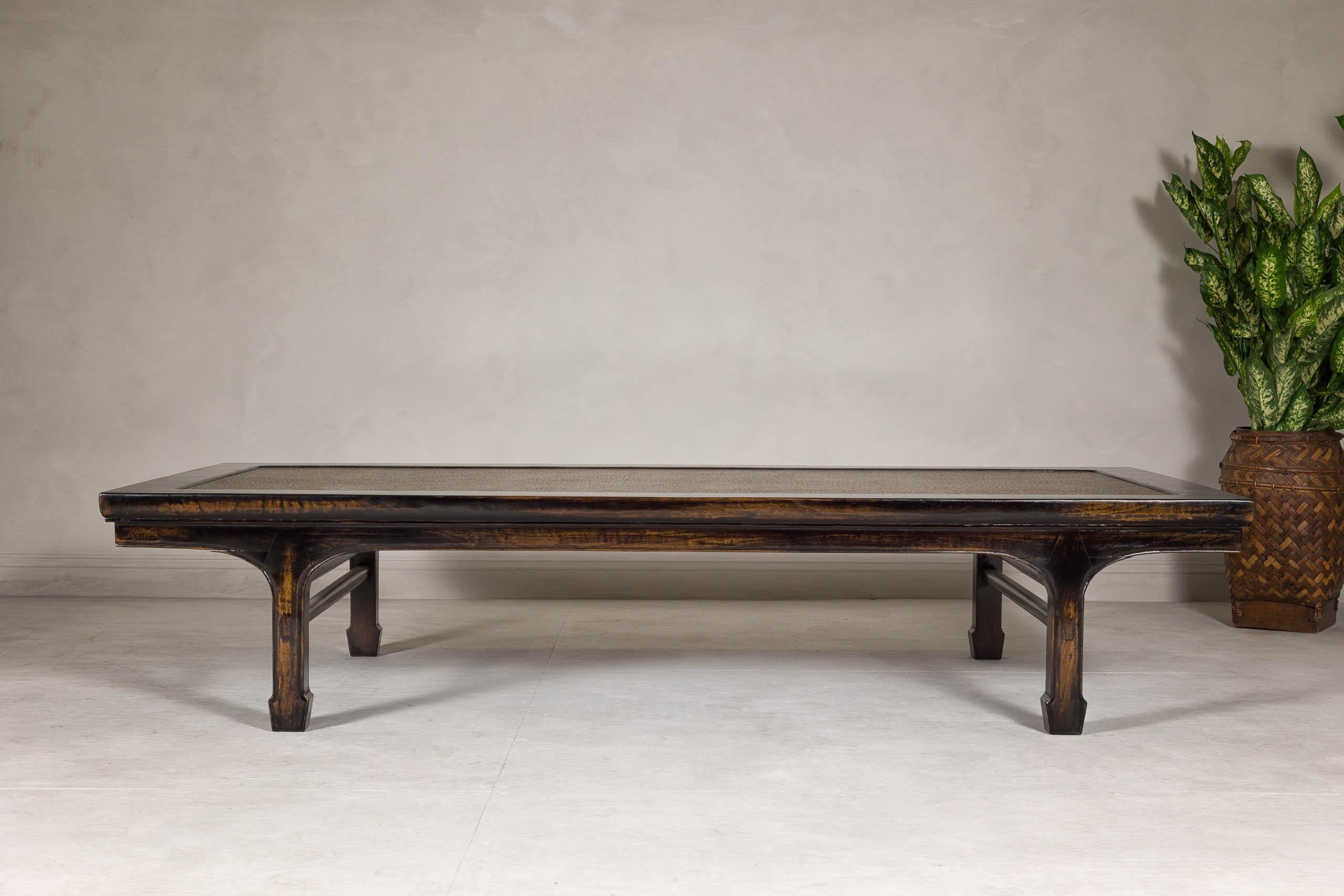 Qing Lacquered Daybed or Coffee Table with Woven Mat Rattan Top and Carved Legs For Sale