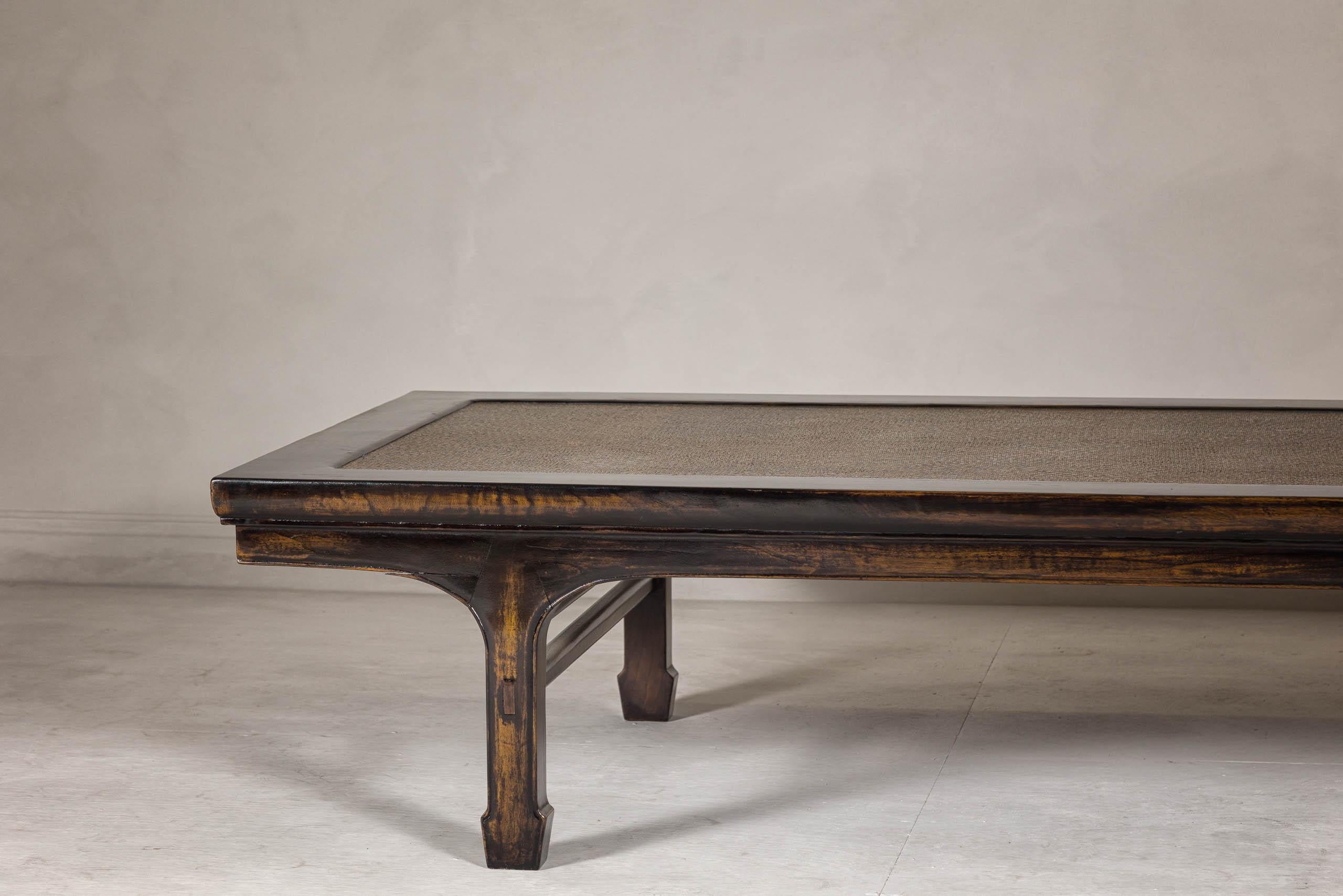 19th Century Lacquered Daybed or Coffee Table with Woven Mat Rattan Top and Carved Legs For Sale