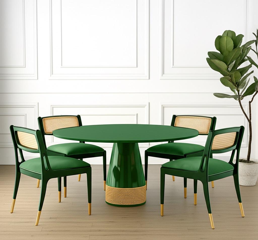This exquisite dining set, comprising a table and four chairs, offers a perfect blend of modern elegance and timeless craftsmanship. Each dining chair captivates with its rich, tactile finishes, featuring a gently contoured frame, a beautifully