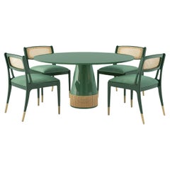 Ensemble de salle à manger laqué avec accents en rotin et détails en laiton - Table ronde avec 4 chaises