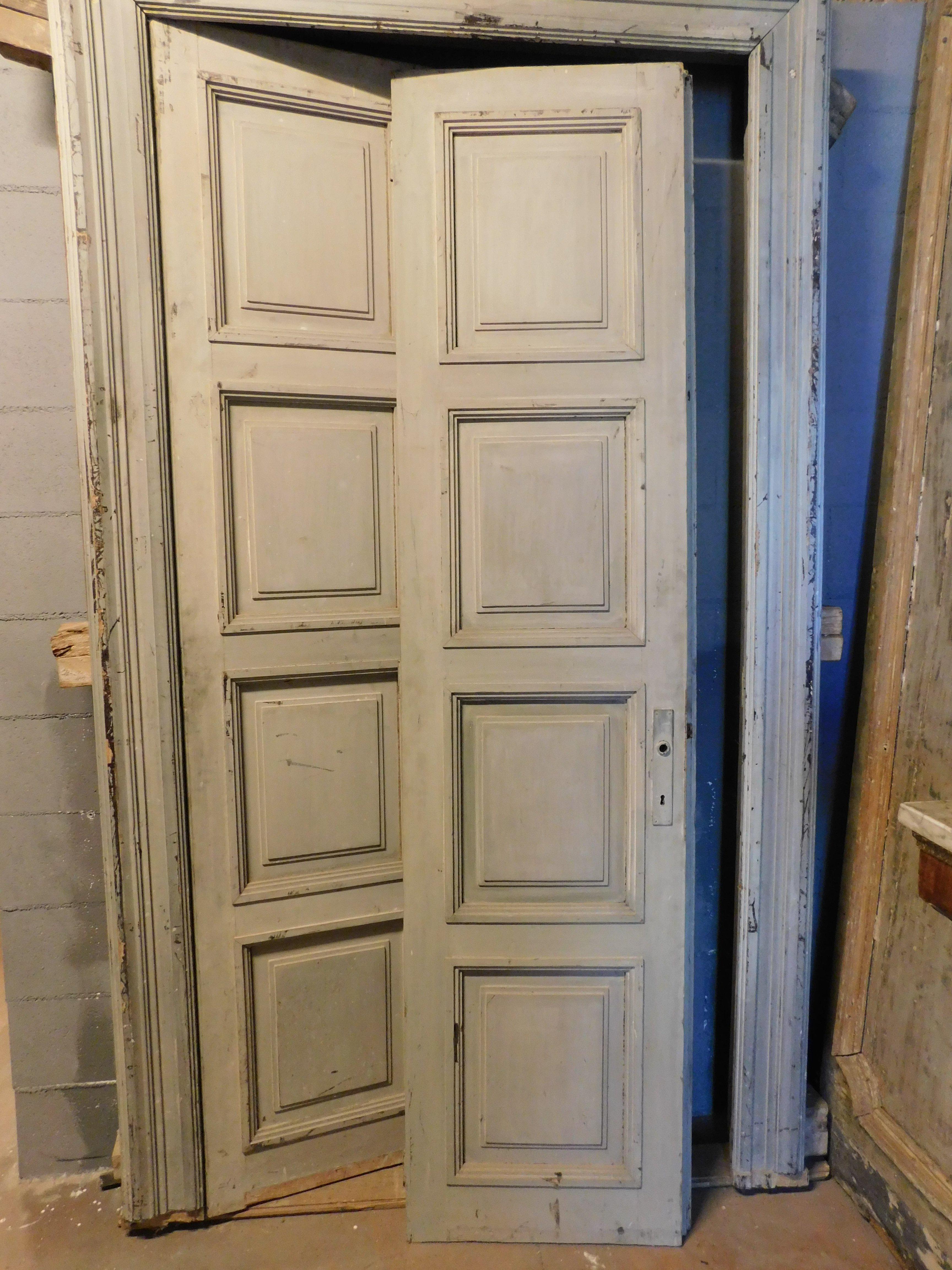 Poplar Lacquered double door and frame, with eight carved panels, grey, Italy For Sale
