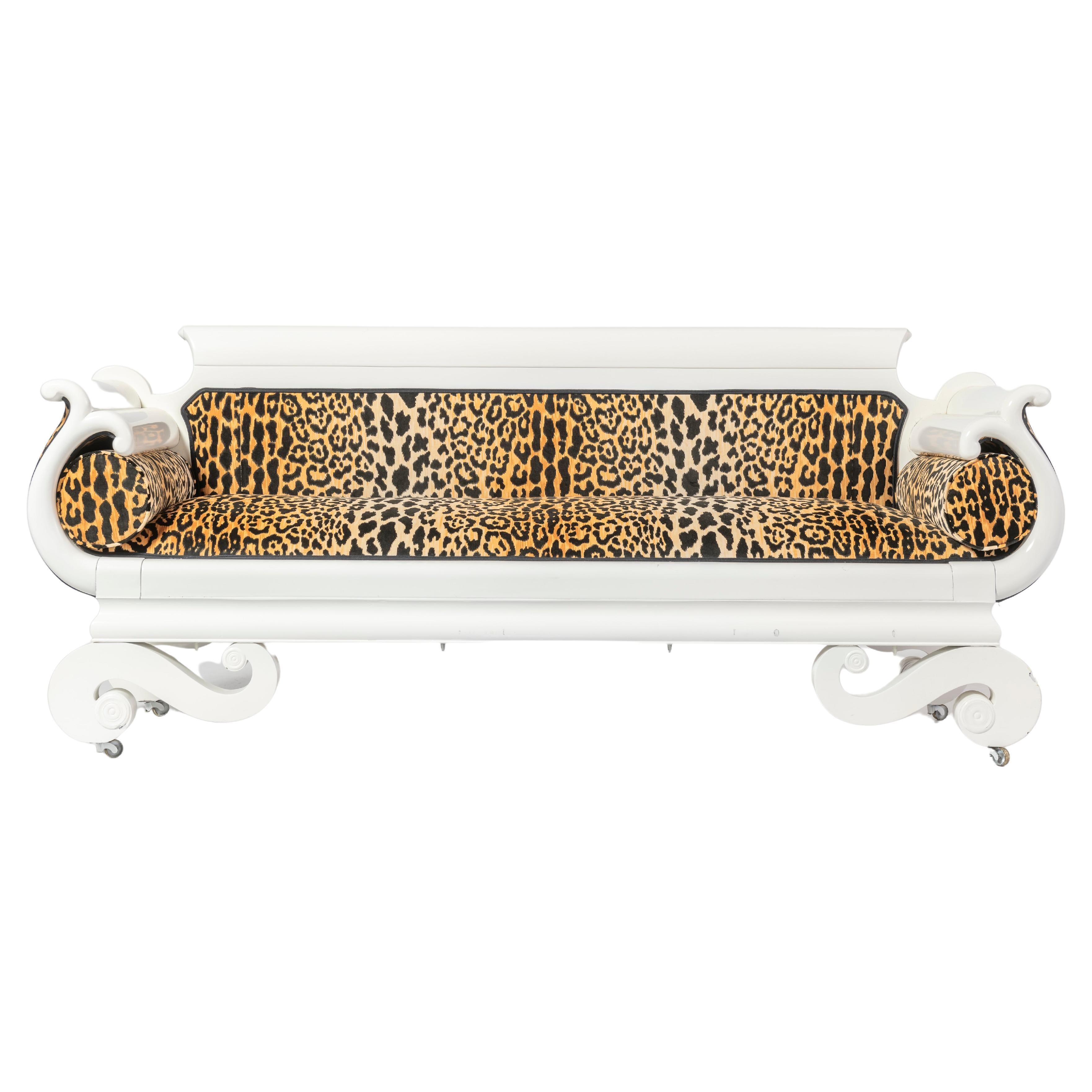 Lacquered Empire Style Sofa with Leopard Fabric For Sale