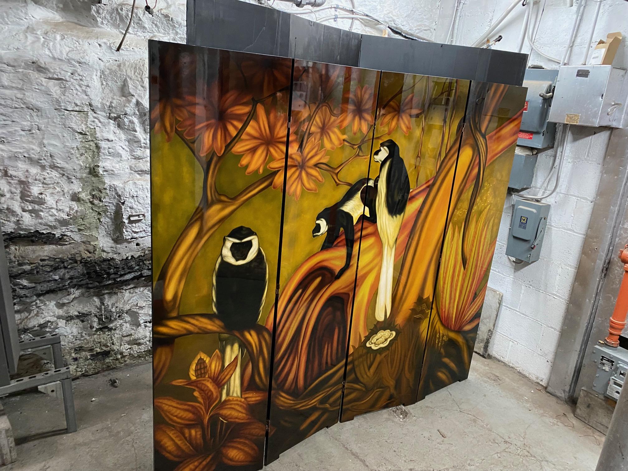 Lacquered Folding Screen Representing Monkeys in the Style of Gaston Suisse For Sale 2