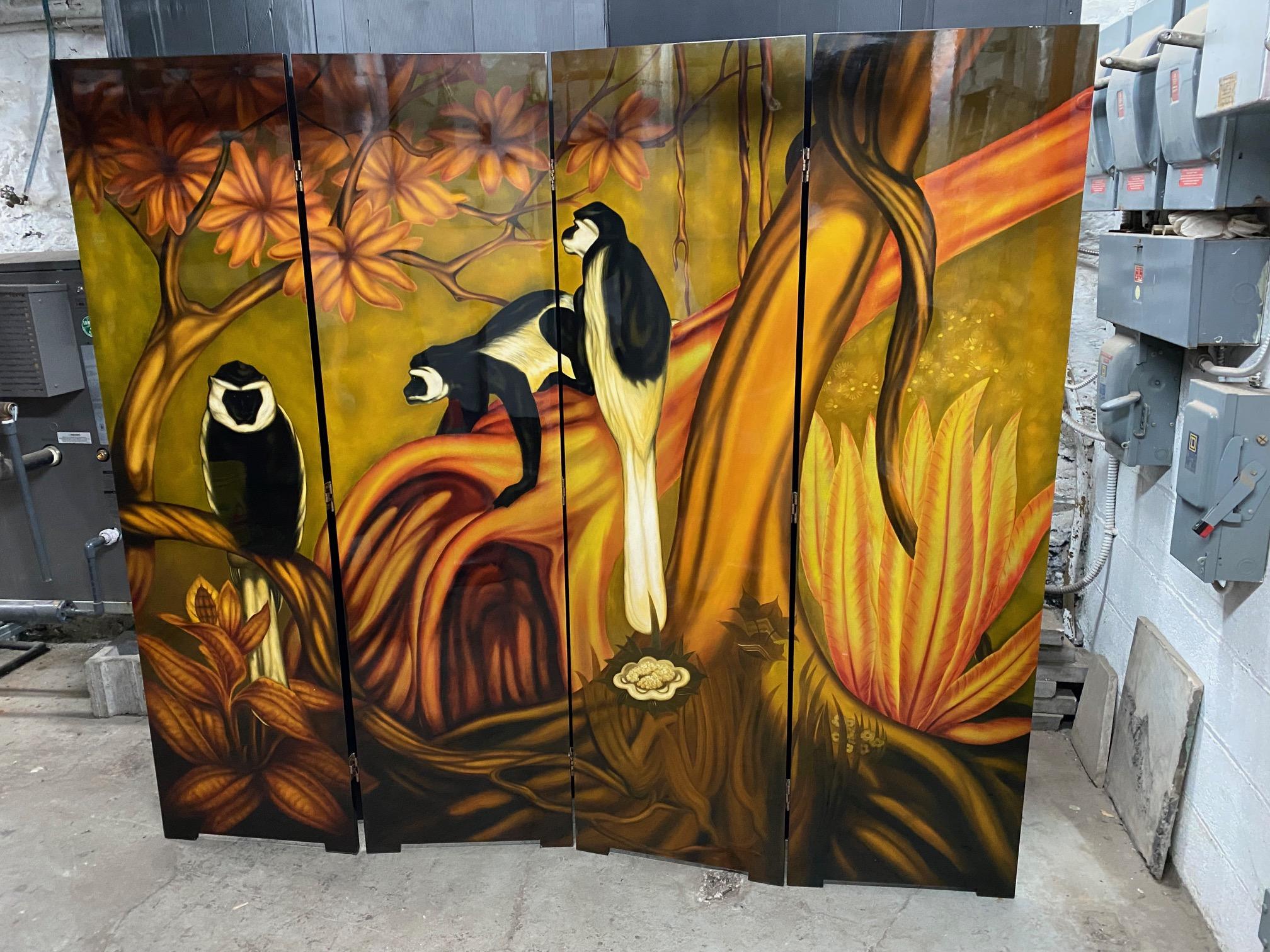 Lacquered folding screen representing monkeys in the jungle, in the style of Gaston Suisse.