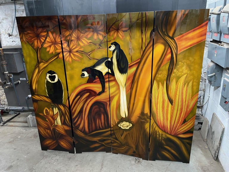 Lacquered Folding Screen Representing Monkeys in the Style of Gaston