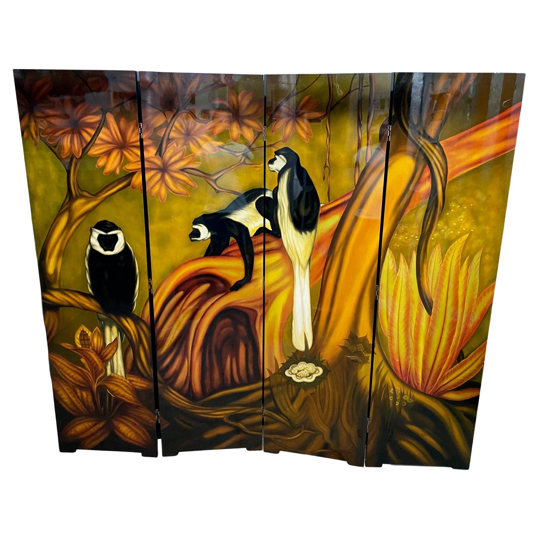 Lacquered Folding Screen Representing Monkeys in the Style of Gaston Suisse
