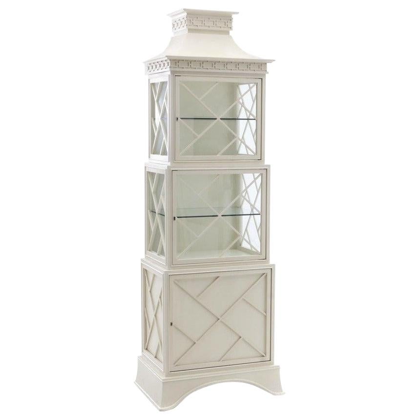 Lacquered Fretwork Chinoiserie Pagoda Lighted Display Cabinet