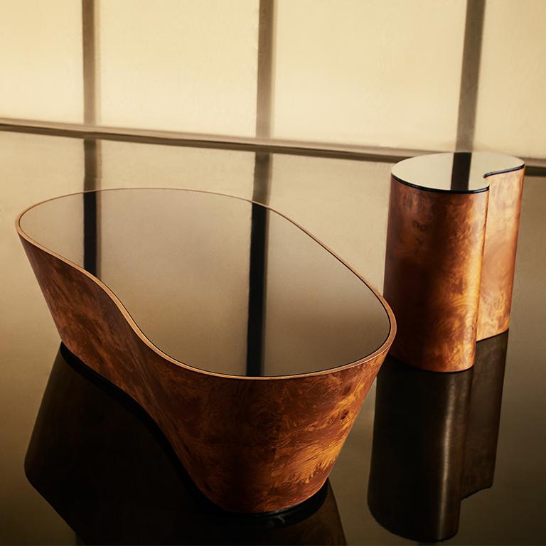 Hand-Crafted Lacquered glass and Burl wood coffee table by Tatjana von Stein, France For Sale