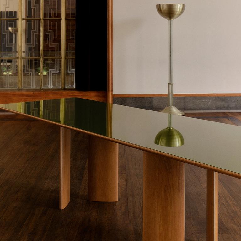 French Lacquered Glass and Honey Oak wood dining table by Tatjana von Stein, France For Sale