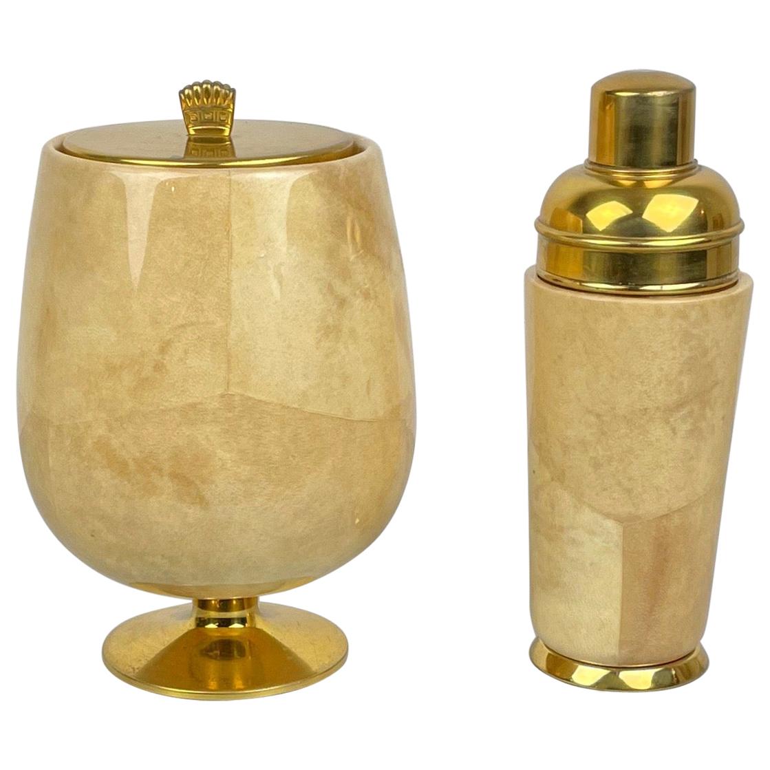 Lacquered Goatskin and Brass Ice Bucket and Shaker by Aldo Tura, Italy, 1950s