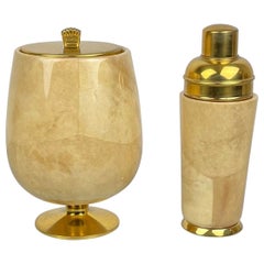 Lacquered Goatskin and Brass Ice Bucket and Shaker by Aldo Tura, Italy, 1950s