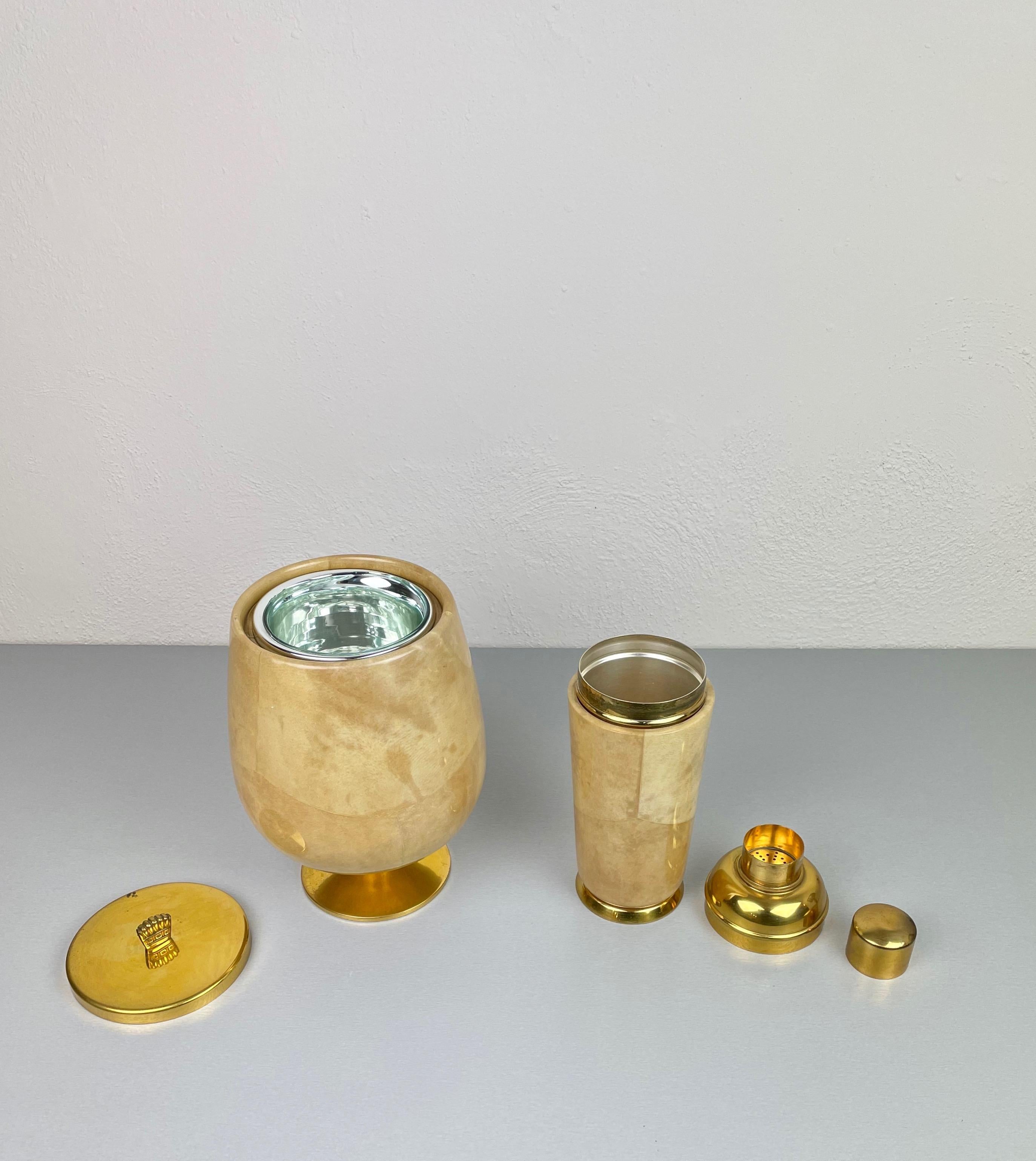 Mid-20th Century Lacquered Goatskin and Brass Ice Bucket and Shaker by Aldo Tura, Italy, 1950s