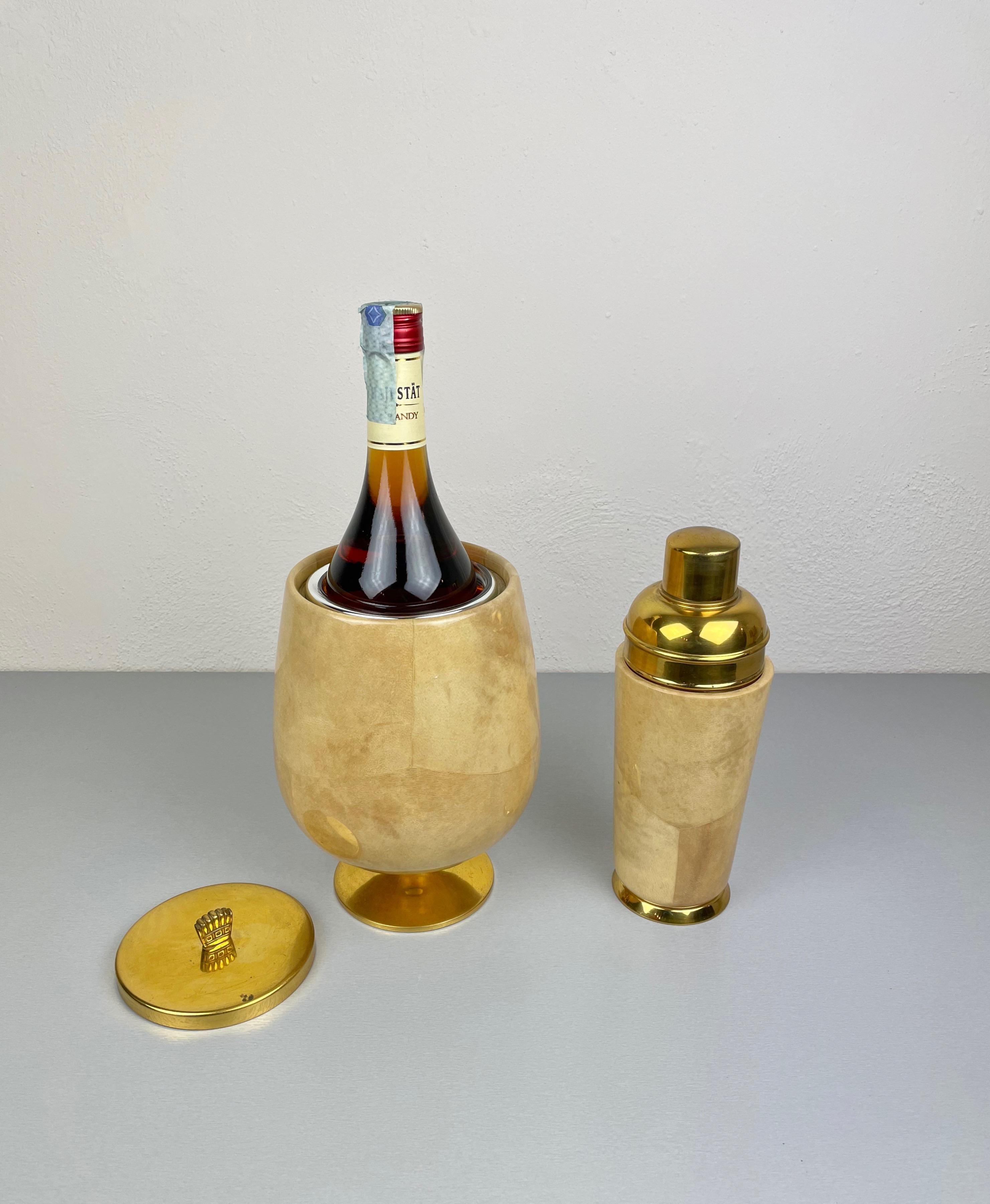 Metal Lacquered Goatskin and Brass Ice Bucket and Shaker by Aldo Tura, Italy, 1950s