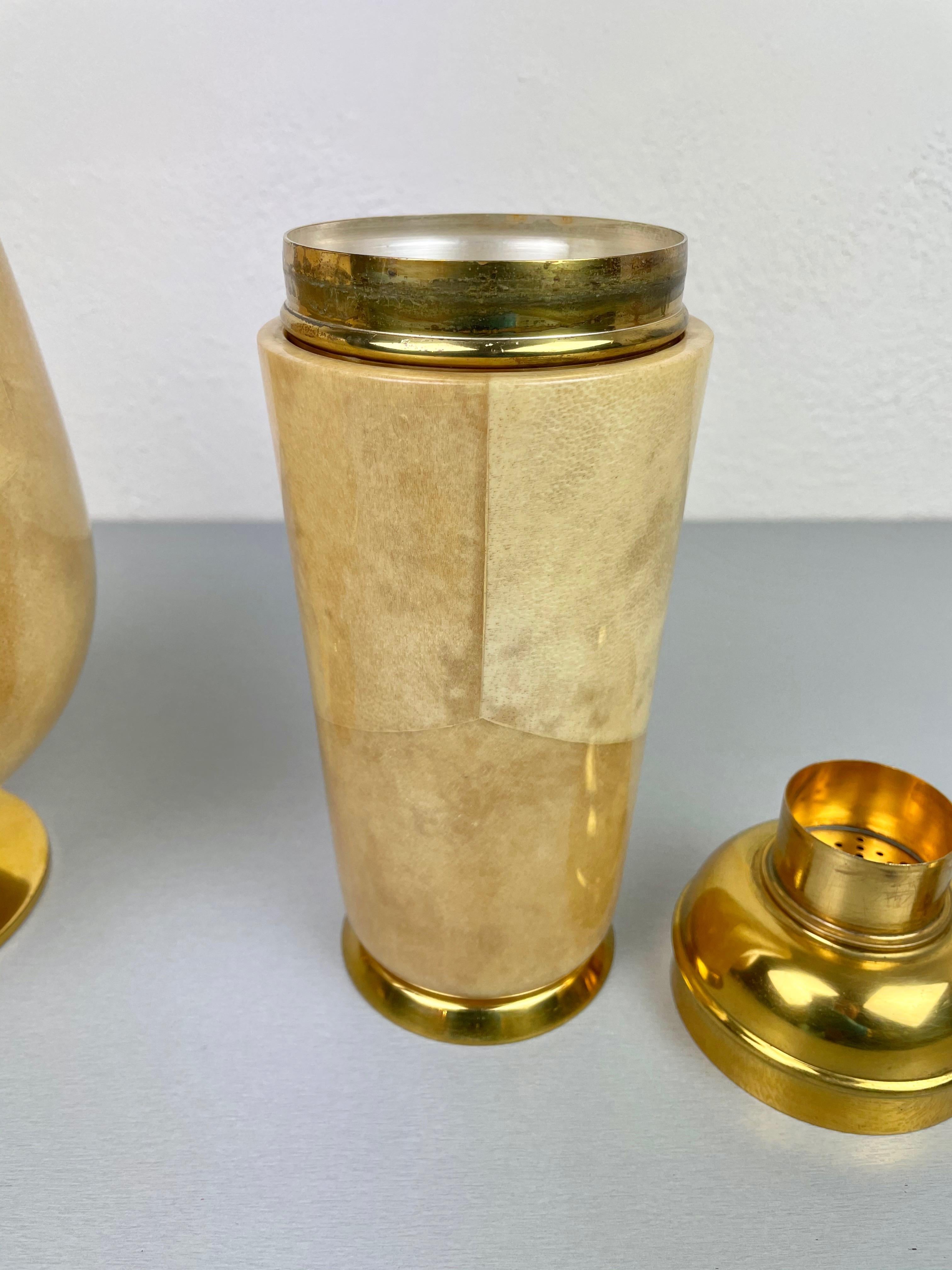Lacquered Goatskin and Brass Ice Bucket and Shaker by Aldo Tura, Italy, 1950s 1