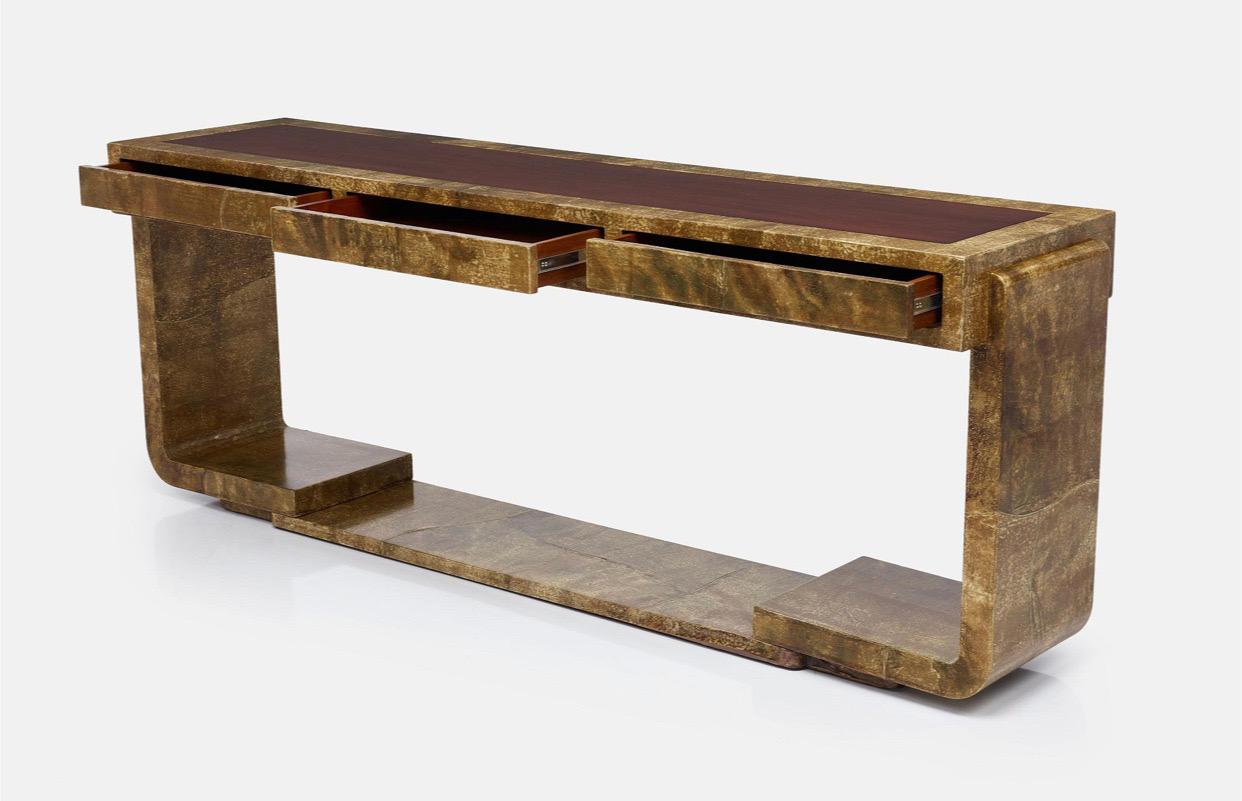 Art Nouveau Lacquered Goatskin and Mahogany Console Table by Enrique Garcel, 1980s For Sale
