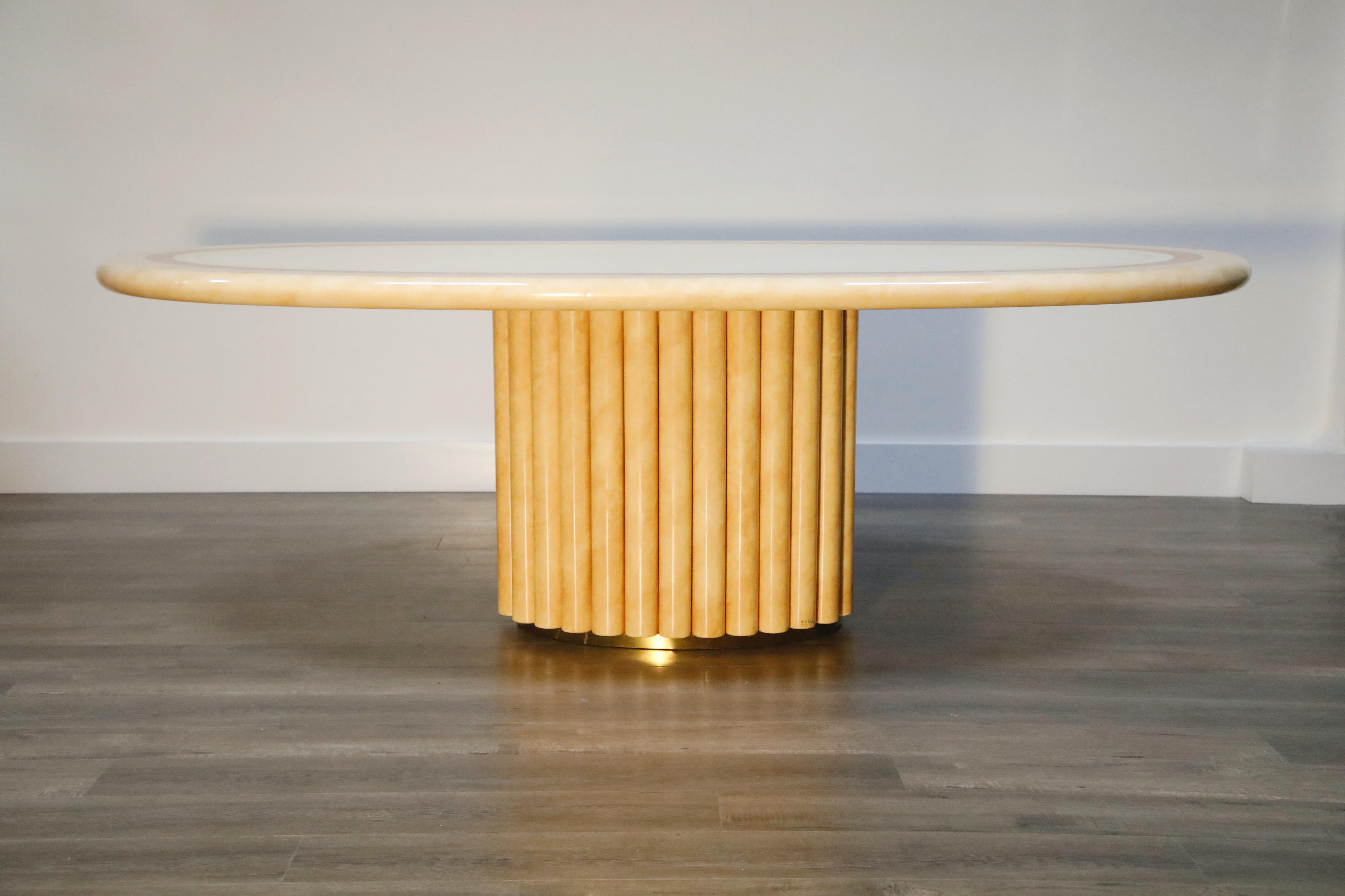 Such incredible detail in this large oval dining table designed by French designer, Jean Claude Mahey. Designed and crafted in the 1970s in France, and signed by Jean Claude Mahey (J.C. Mahey) on the base, this is not just a prime collectors item -