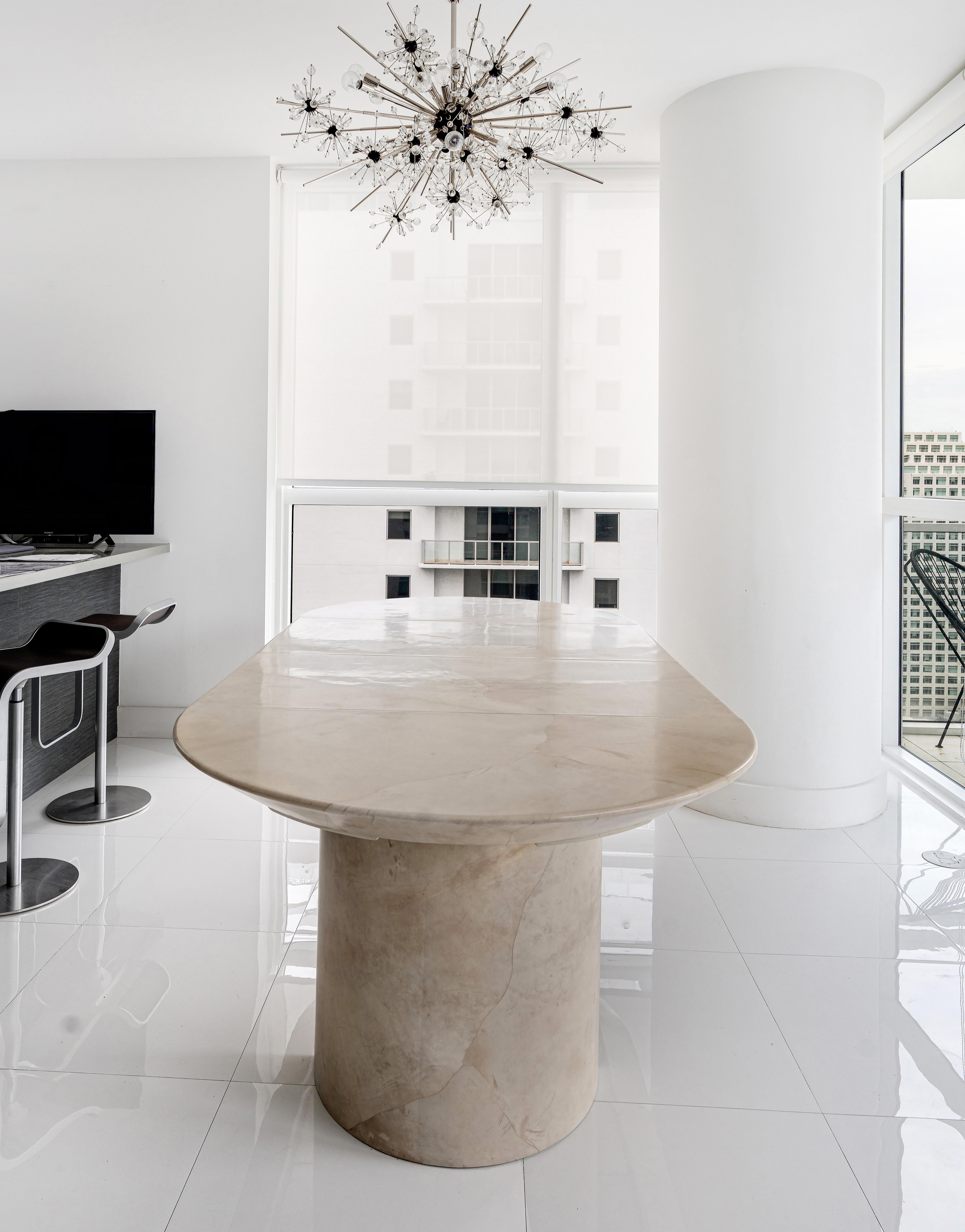 Modern Lacquered Goatskin Expandable Dining Table, Karl Springer Attributed, 2 Leaves For Sale